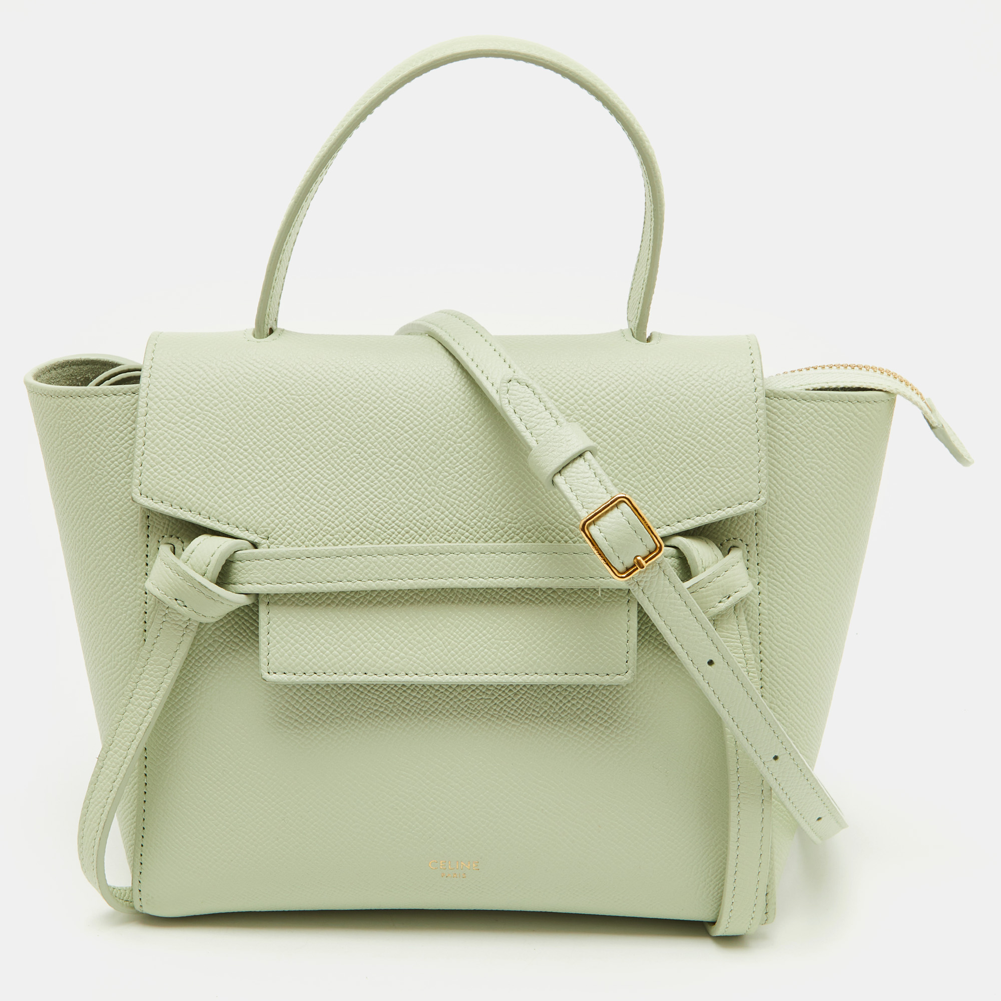 

Celine Pale Green Leather Nano Belt Top Handle Bag