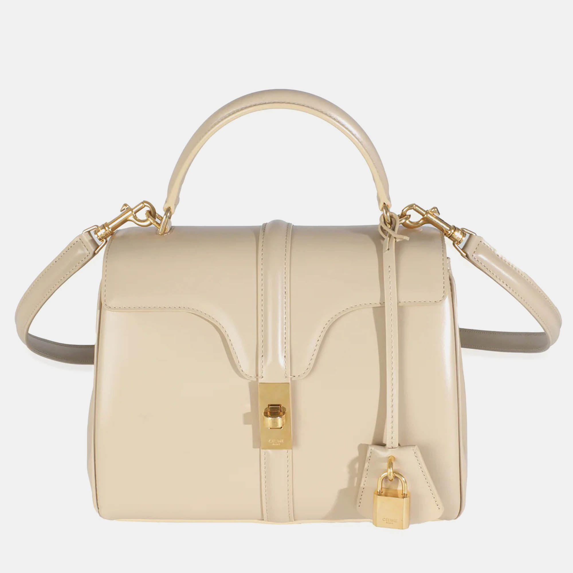 

Celine Limestone Satinated Calfskin Small 16 Top Handle Bag, Beige
