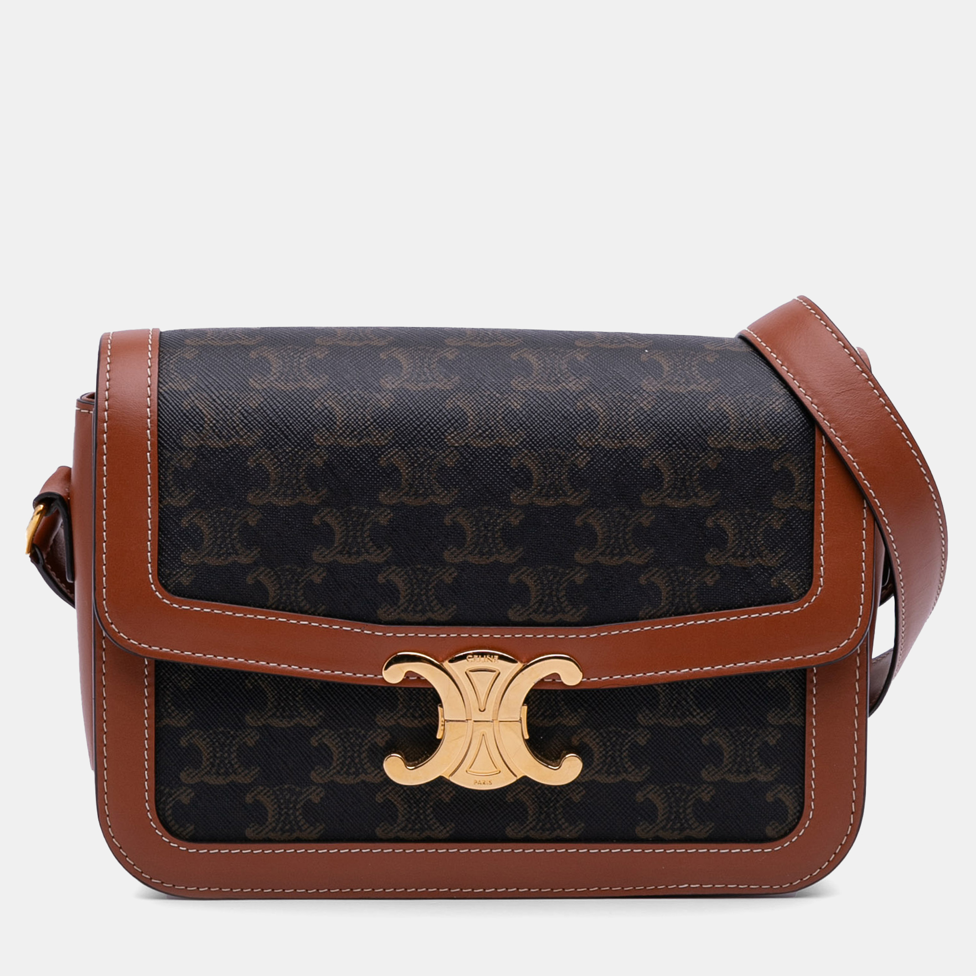 

Celine Brown Classique Triomphe Coated Canvas and Calfskin Triomphe Crossbody