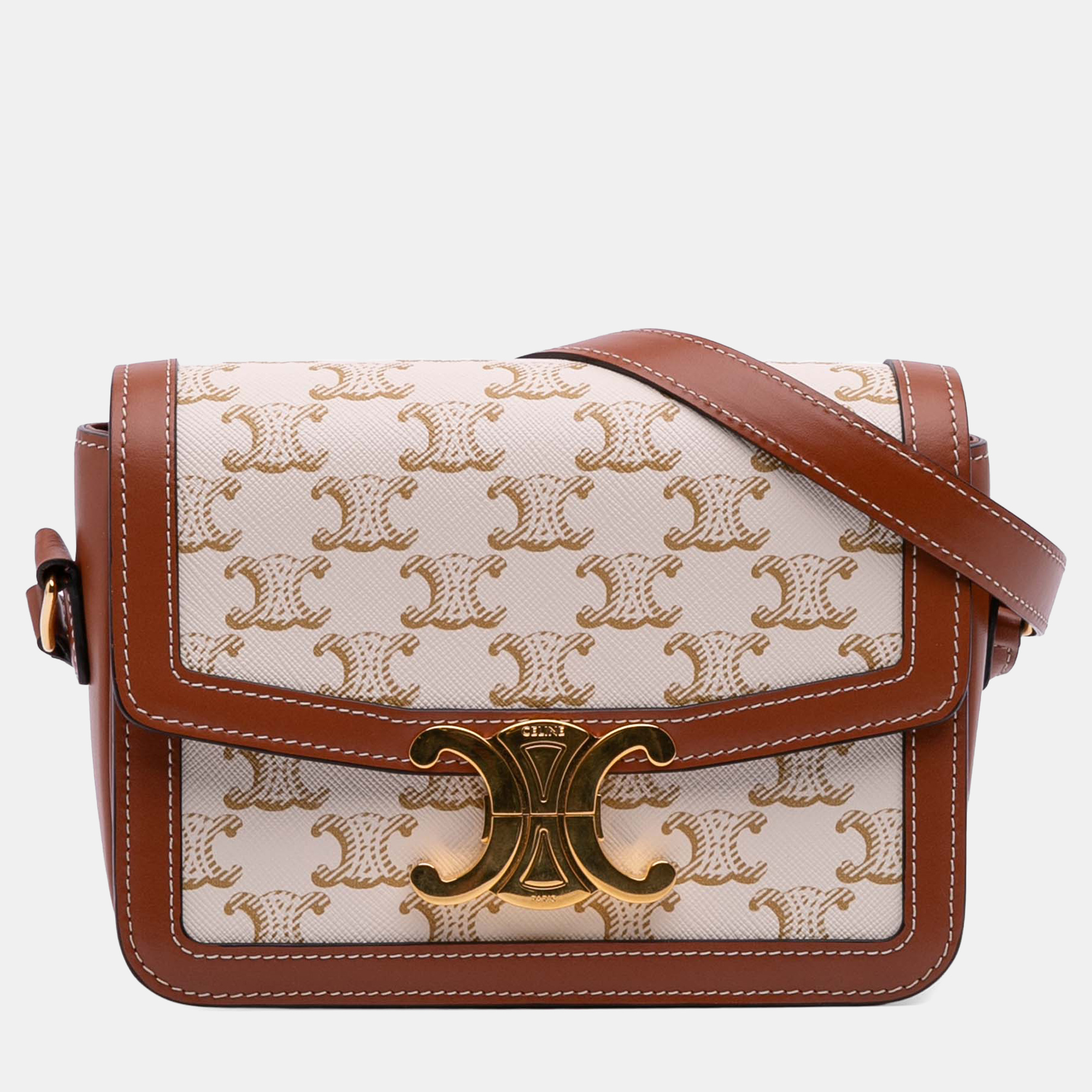 

Celine White Teen Triomphe Coated Canvas and Calfskin Triomphe Crossbody