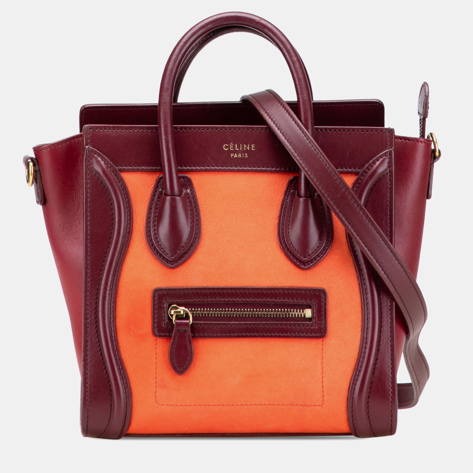 Pre-owned Celine Orange Red Nano Bicolor Suede And Calfskin Luggage Tote
