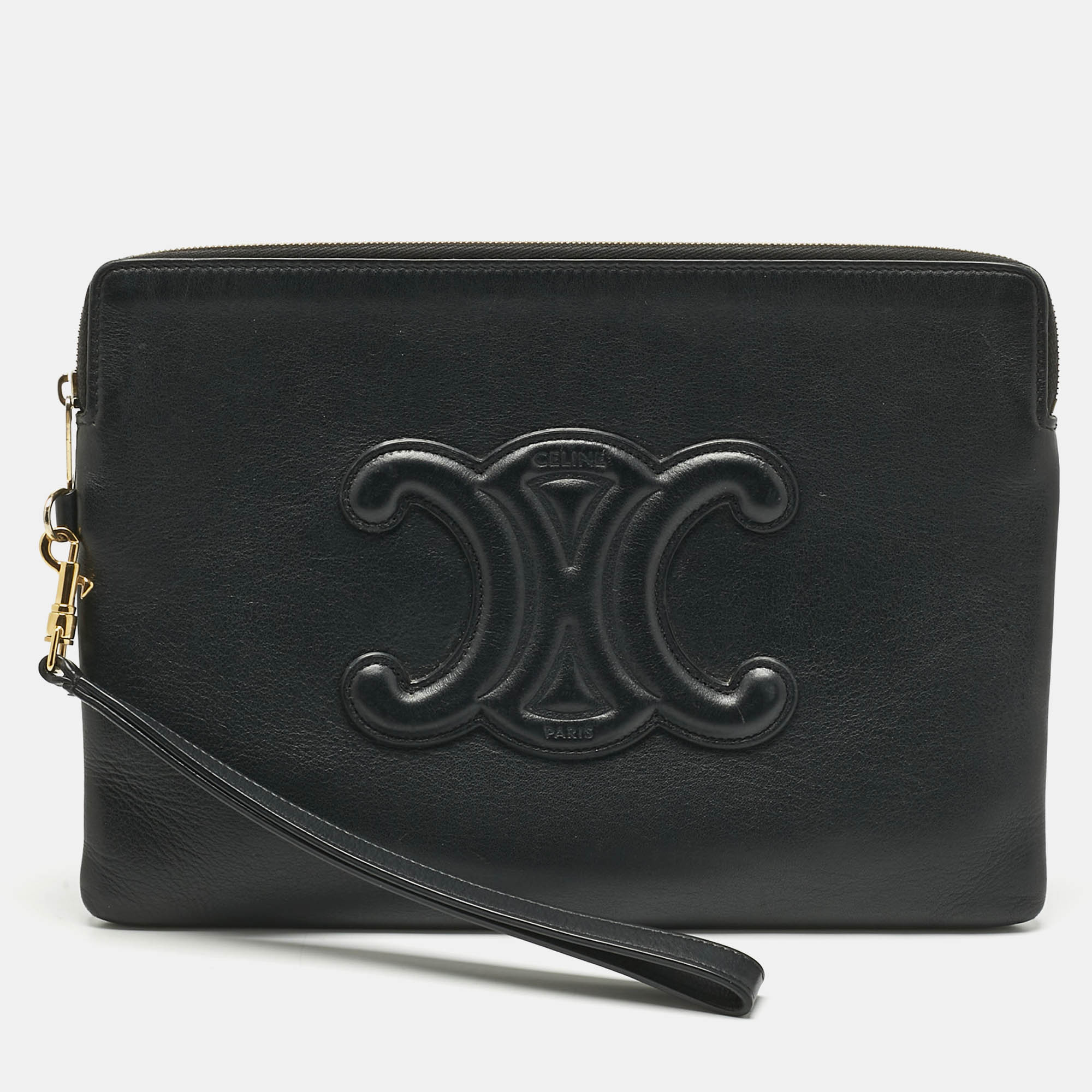 Pre-owned Celine Black Leather Triomphe Wristlet Clutch