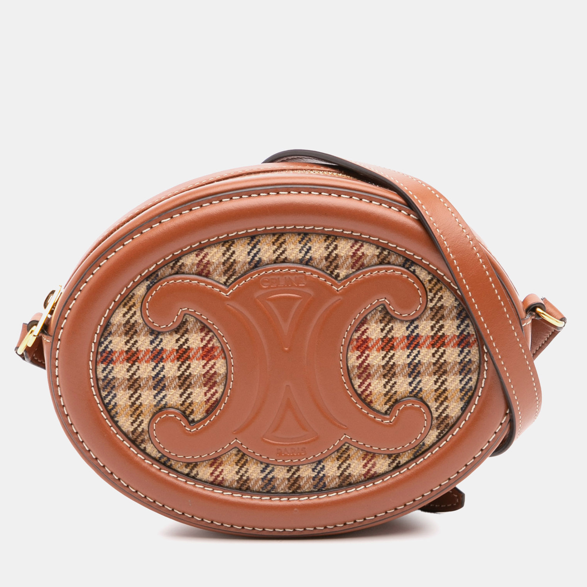 Pre-owned Celine Brown Small Houndstooth Canvas And Calfskin Cuir Triomphe Oval Crossbody