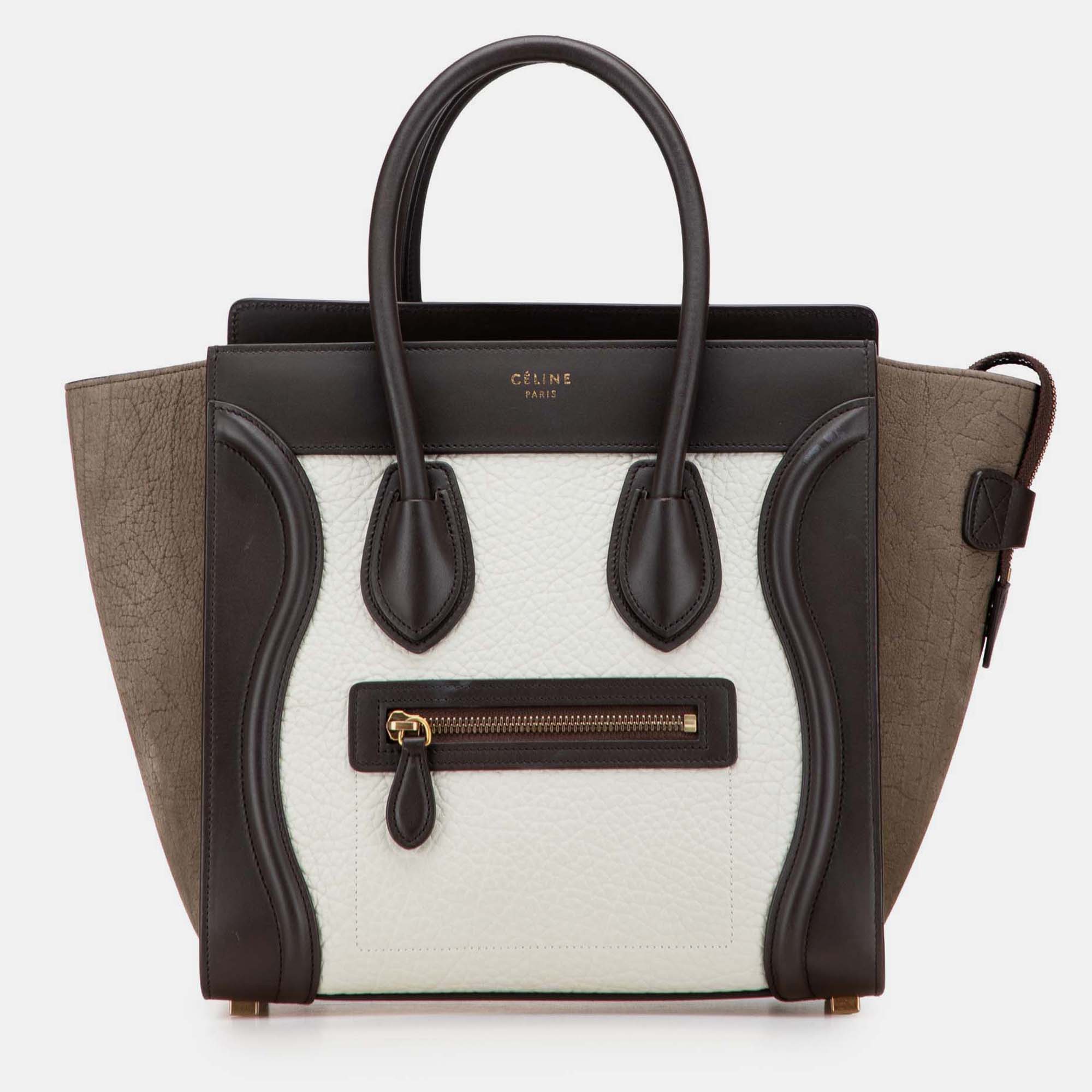 

Celine Brown White Micro Tricolor Nubuck and Calfskin Luggage Tote