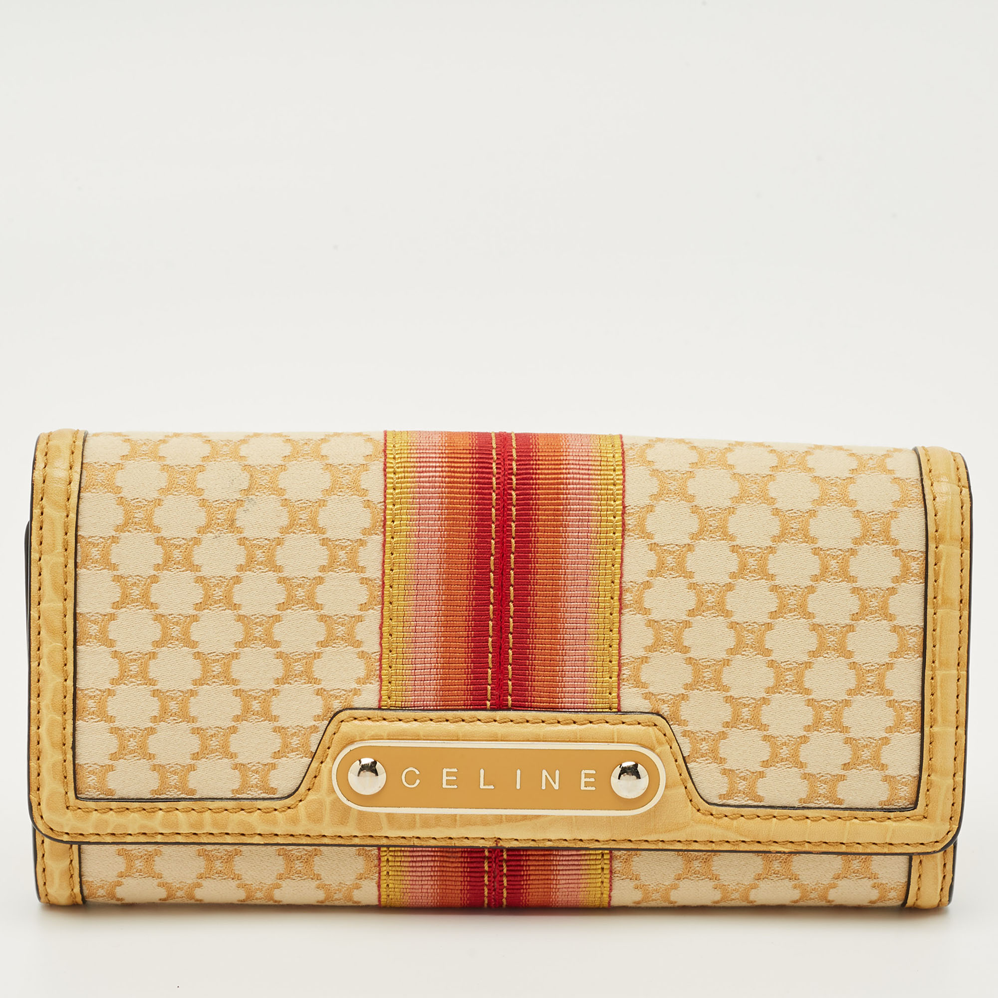 Pre-owned Celine Orange/yellow Macadam Print Fabric And Croc Embossed Leather Flap Continental Wallet