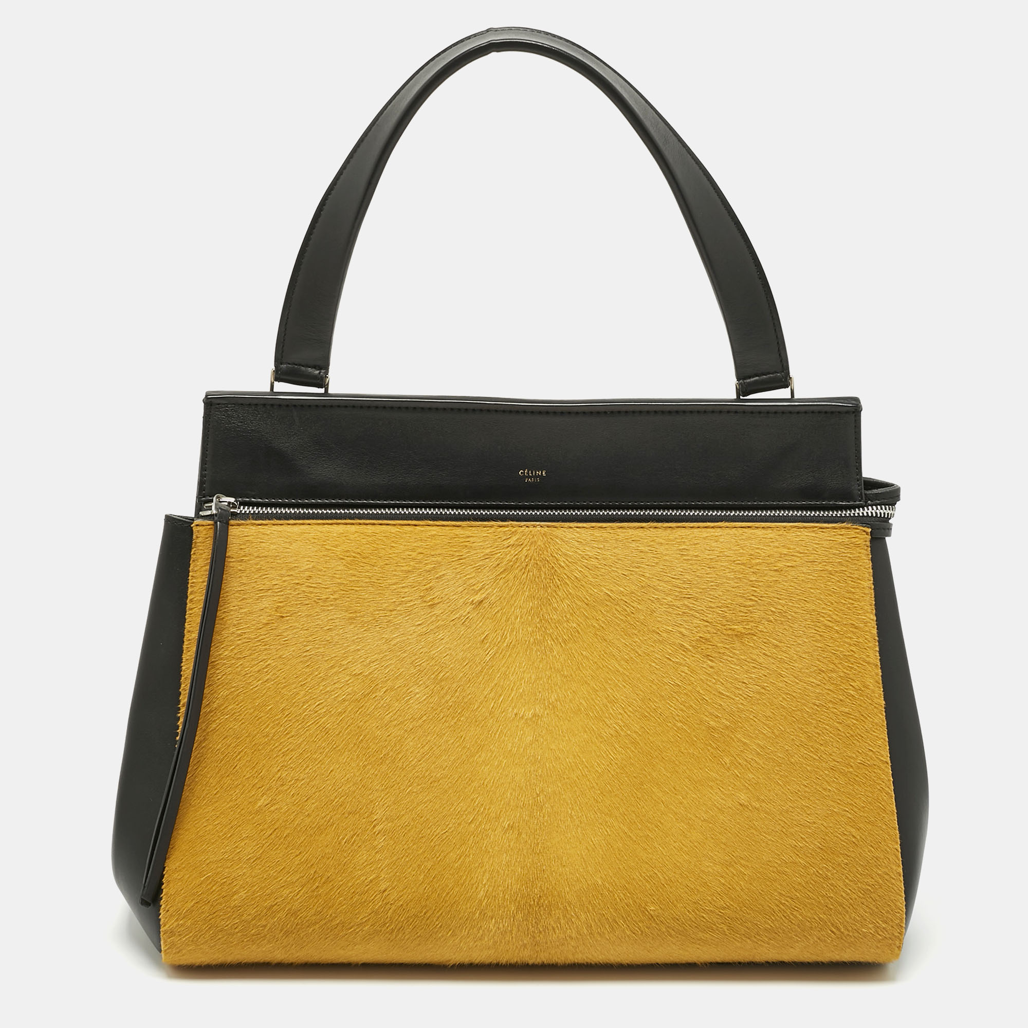 

Celine Yellow/Black Calf Hair and Leather  Edge Top Handle Bag