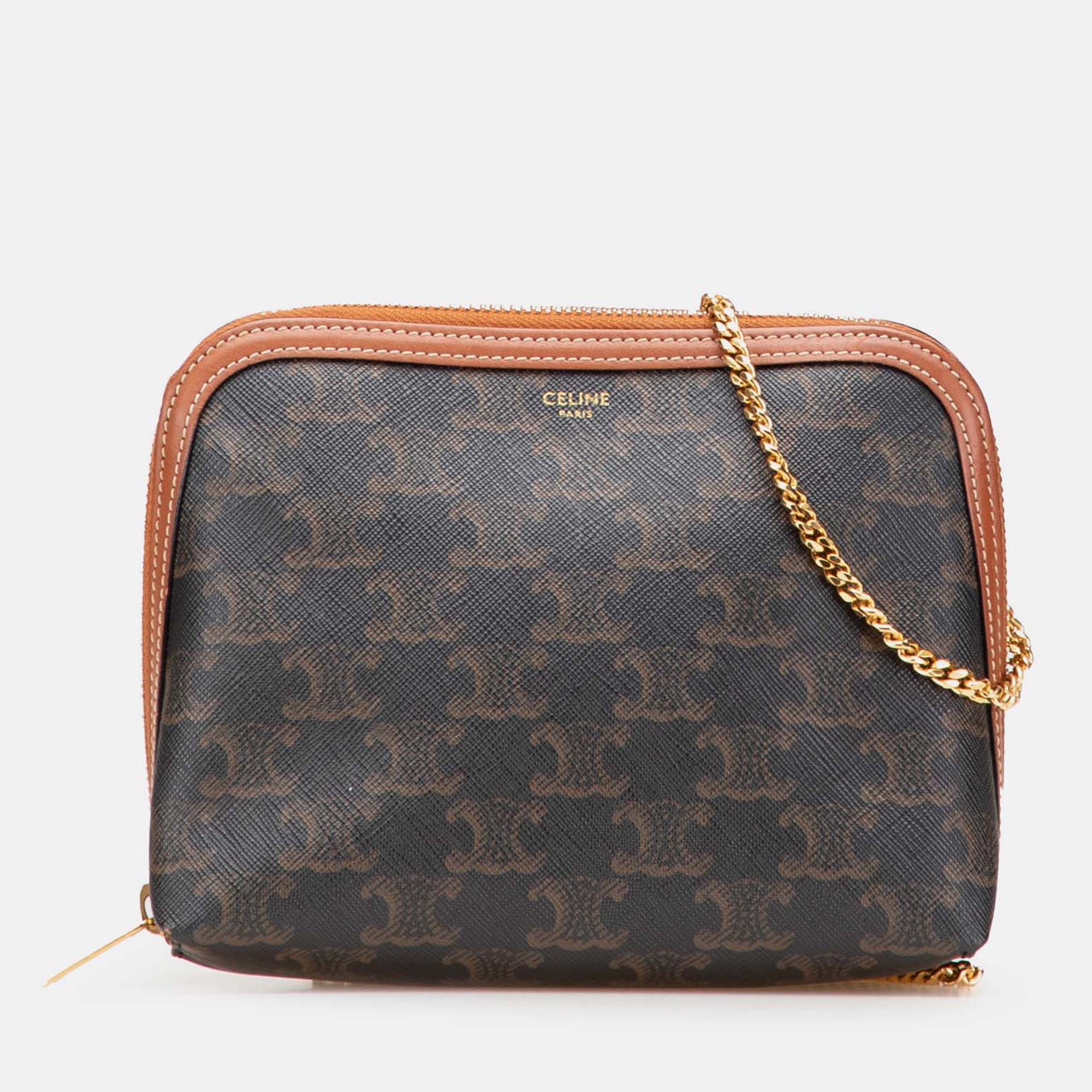 Pre-owned Celine Brown Triomphe Coated Canvas Clutch On Chain