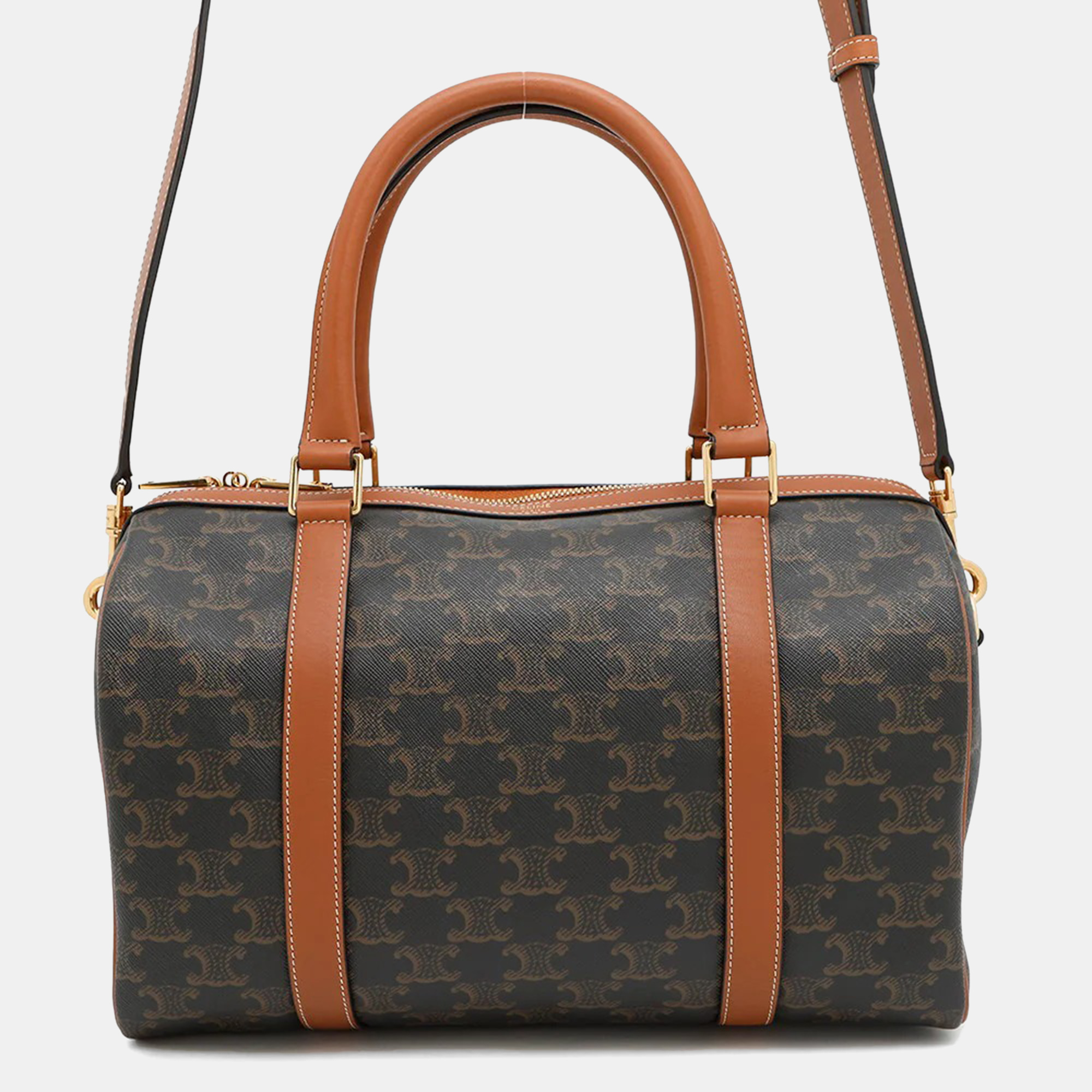 Pre-owned Celine Triomphe Tan Coated Canvas Leather Mini 2-way Boston Bag In Brown