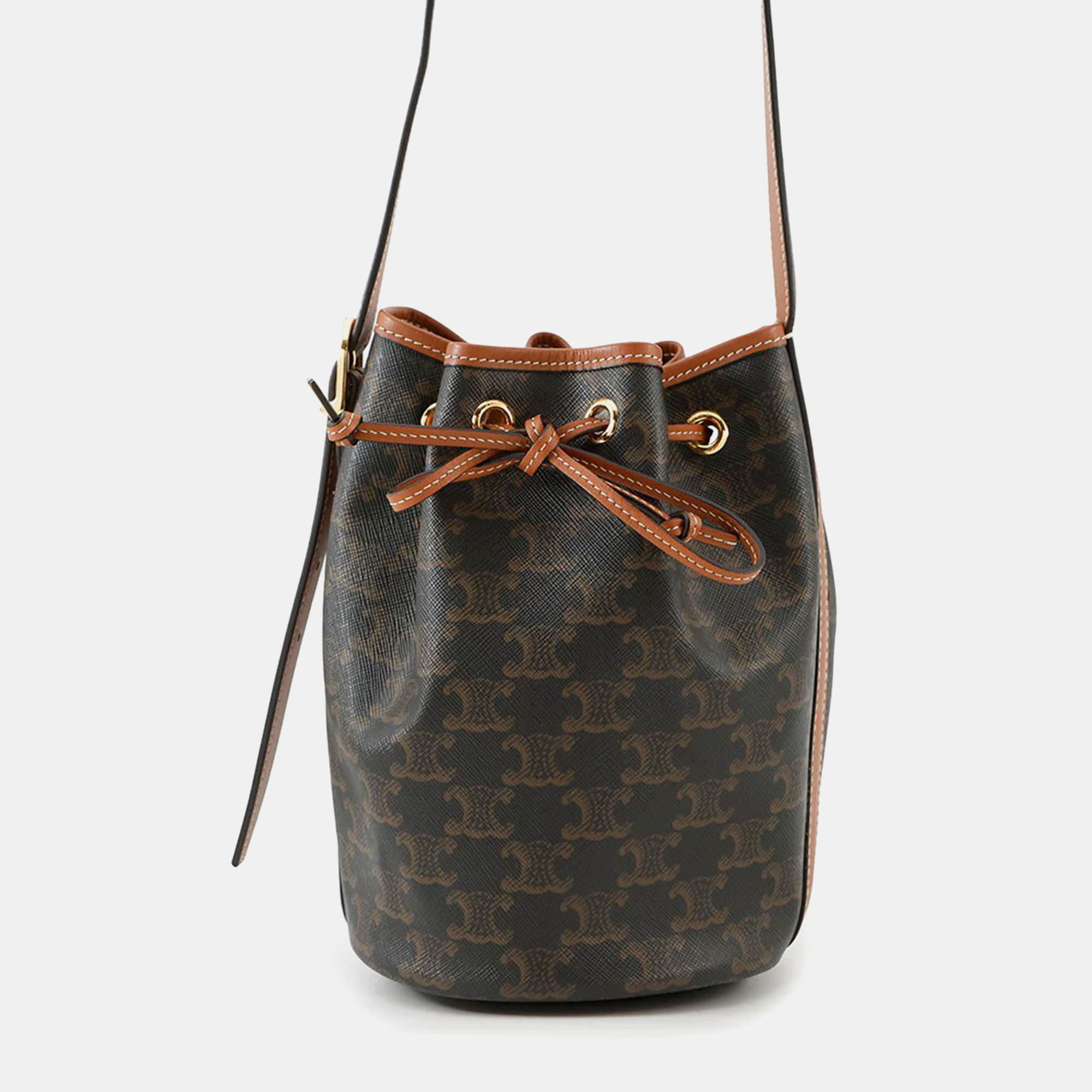 

Celine Triomphe Small Tan PVC Leather Drawstring Bucket Bag, Brown