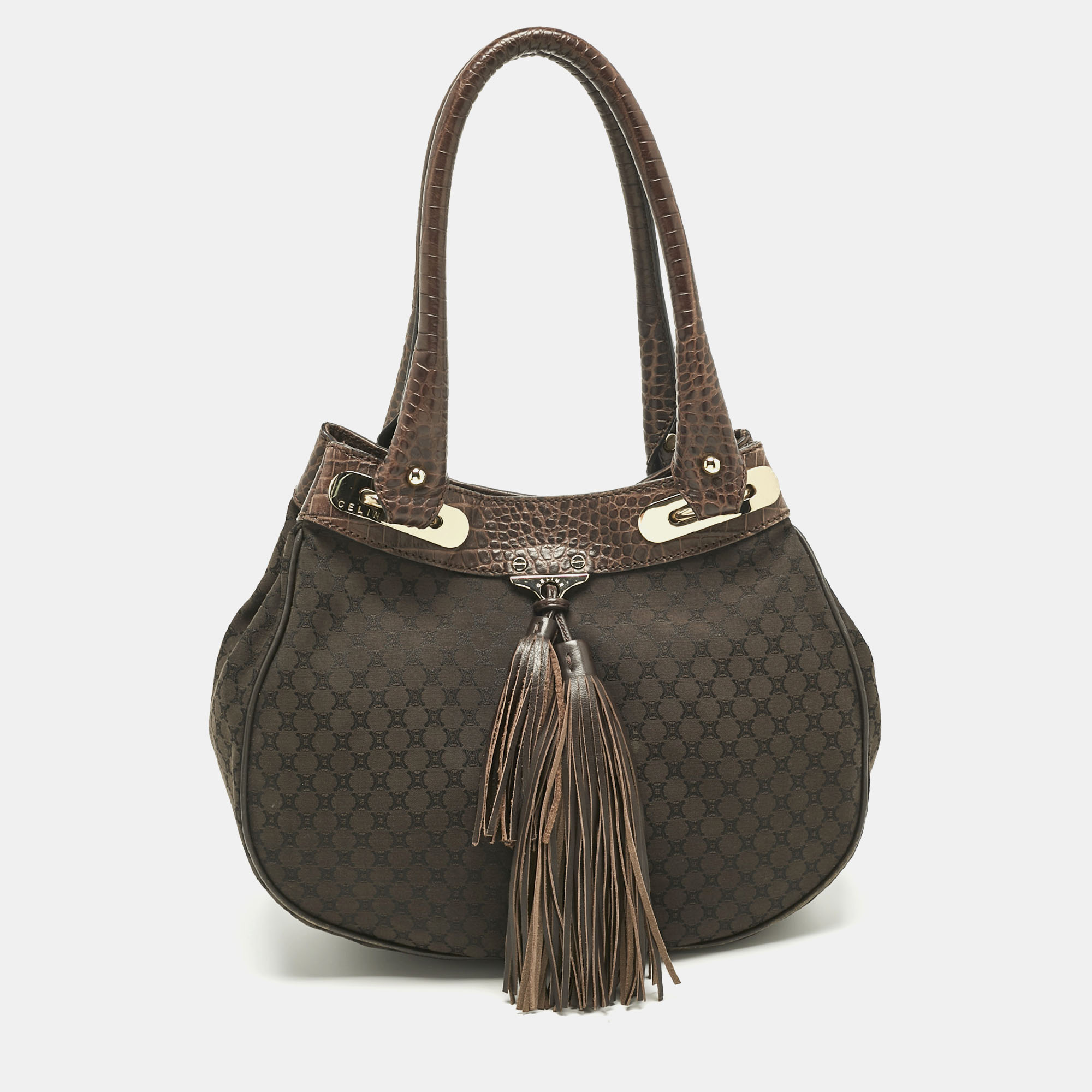 

Celine Dark Brown Macadam Canvas and Croc Embossed Leather Shoulder Bag