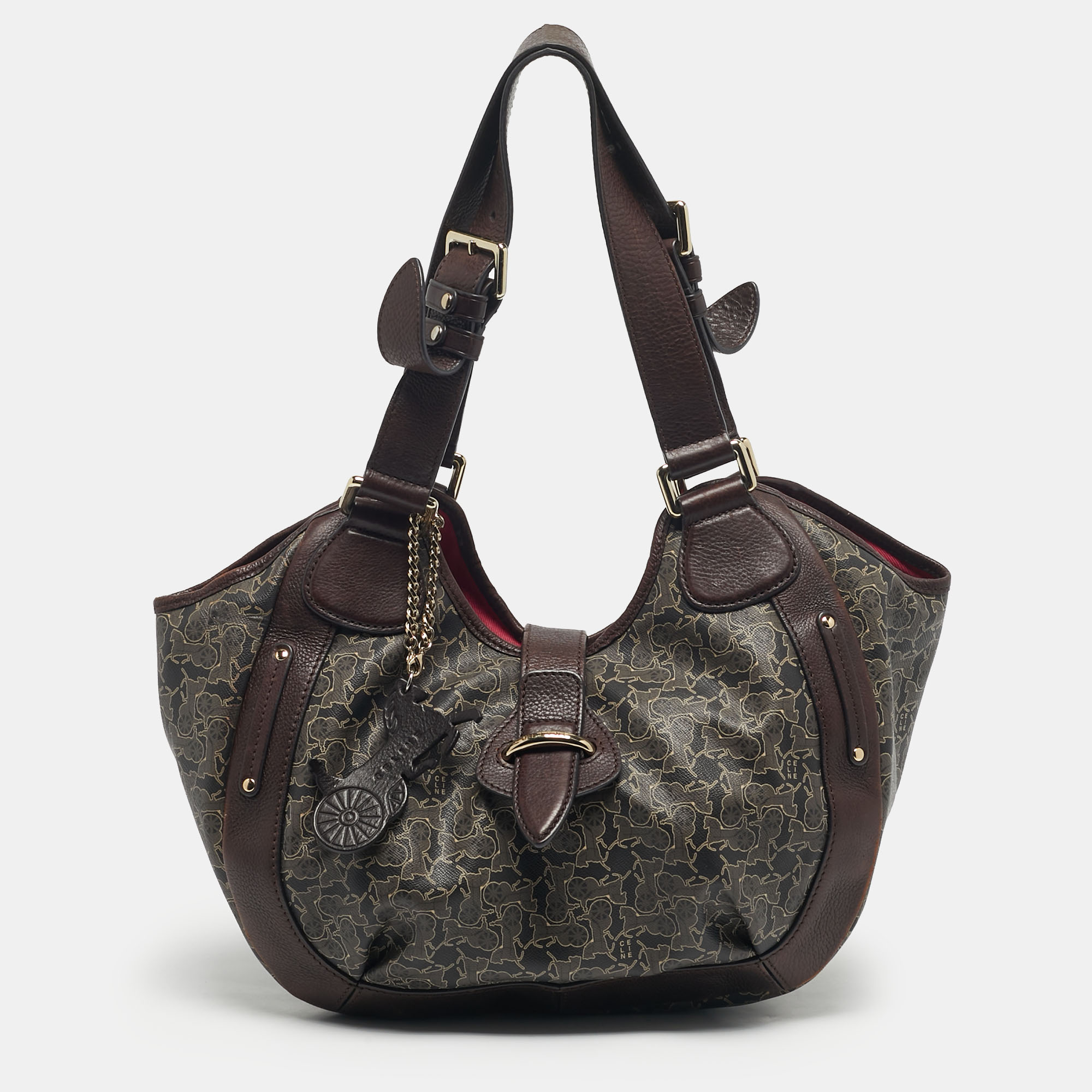 Pre-owned Celine Dark Brown Horse Carriage Coated Canvas And Leather Flap Hobo