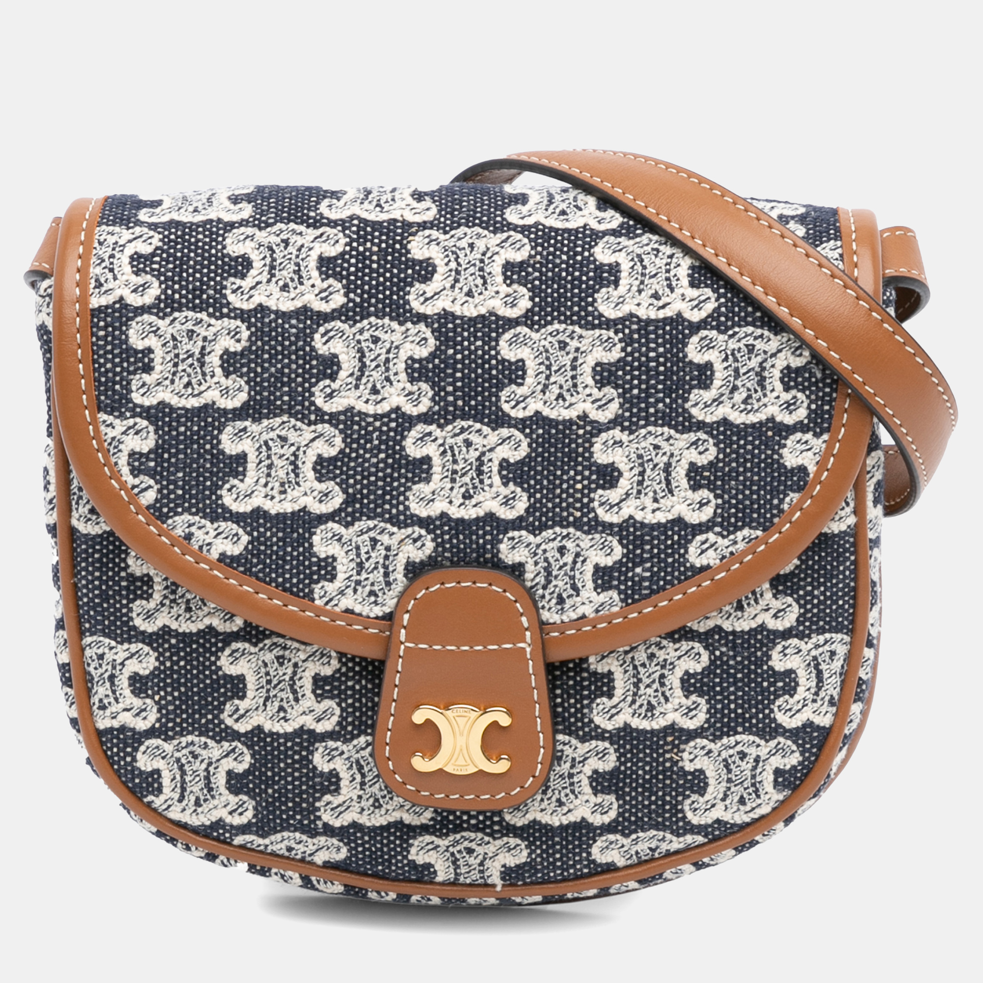 Pre-owned Celine Blue Mini Triomphe Canvas And Calfskin Besace Crossbody