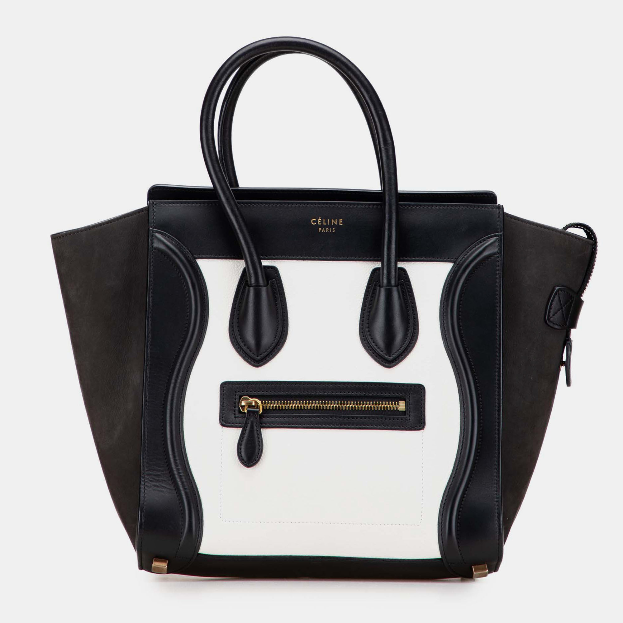

Celine Black White Micro Bicolor Nubuck and Drummed Calfskin Luggage Tote