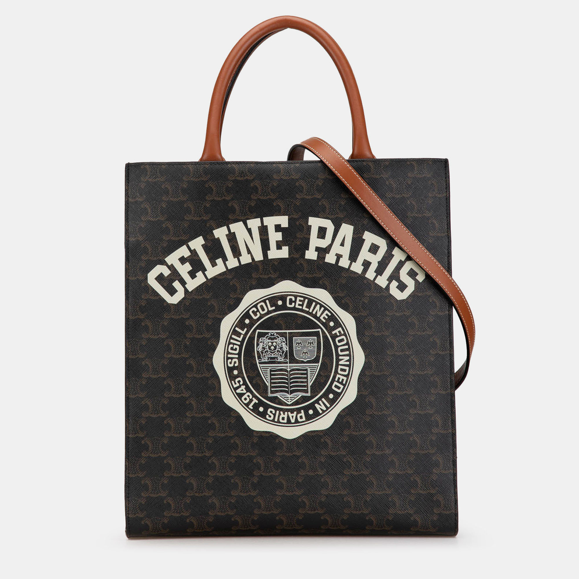 Pre-owned Celine Brown Small Paris Print Triomphe Coated Canvas Vertical Cabas Tote