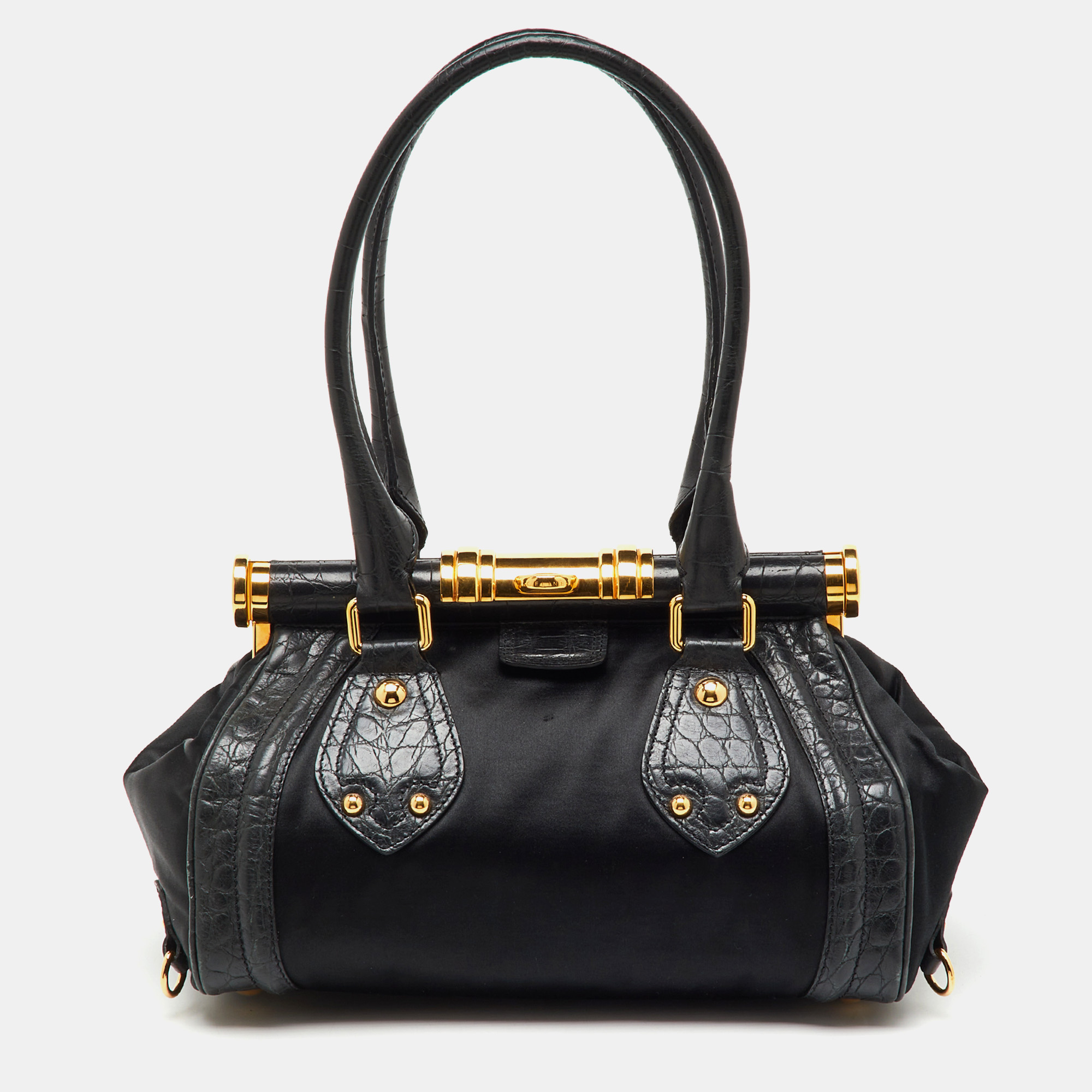 

Celine Black Croc Embossed Leather and Satin Vintage Triomphe Clasp Bag