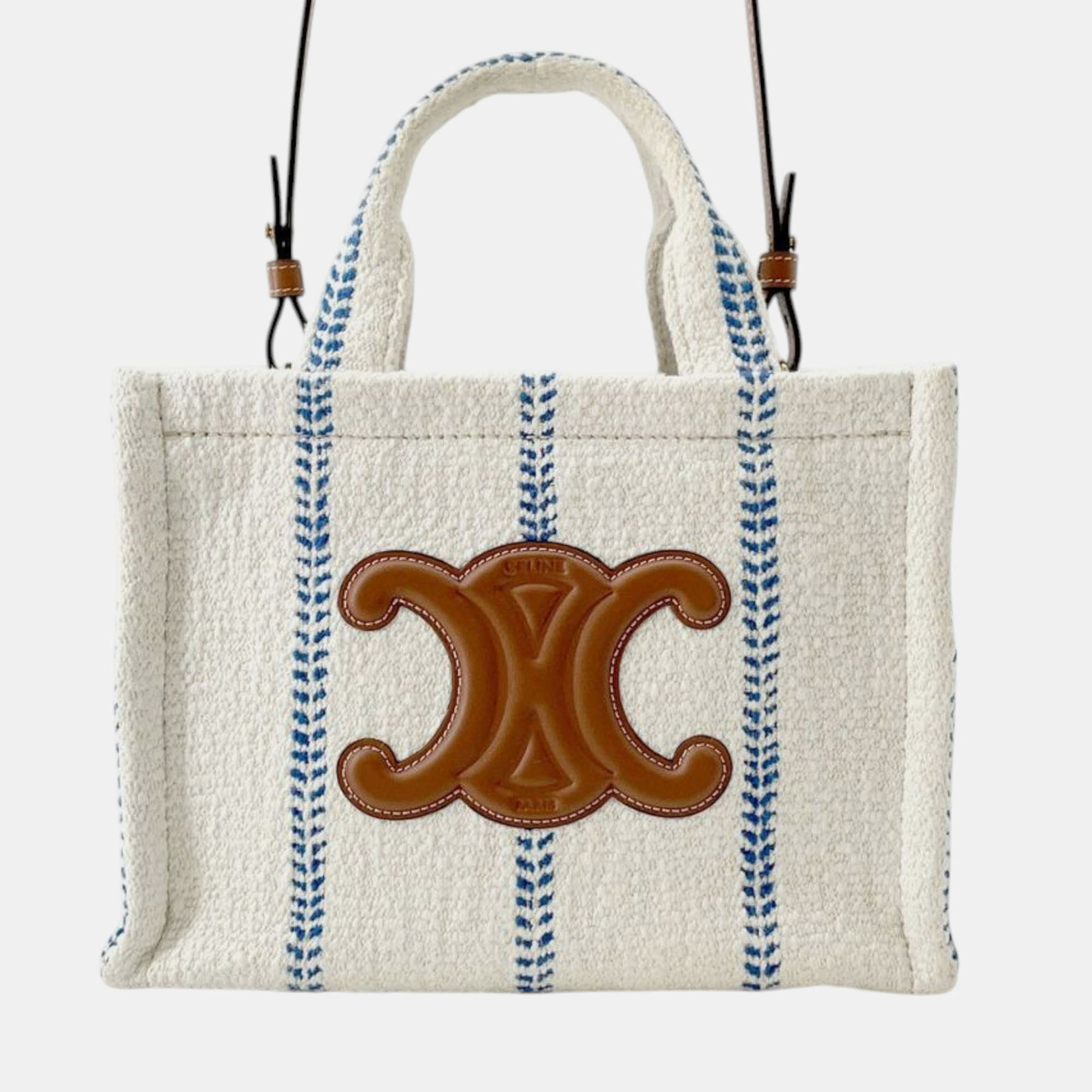 

Celine Cuir Triomphe Stripe Cabas Thais Small Wool Calfskin Leather Satchel Bag, White