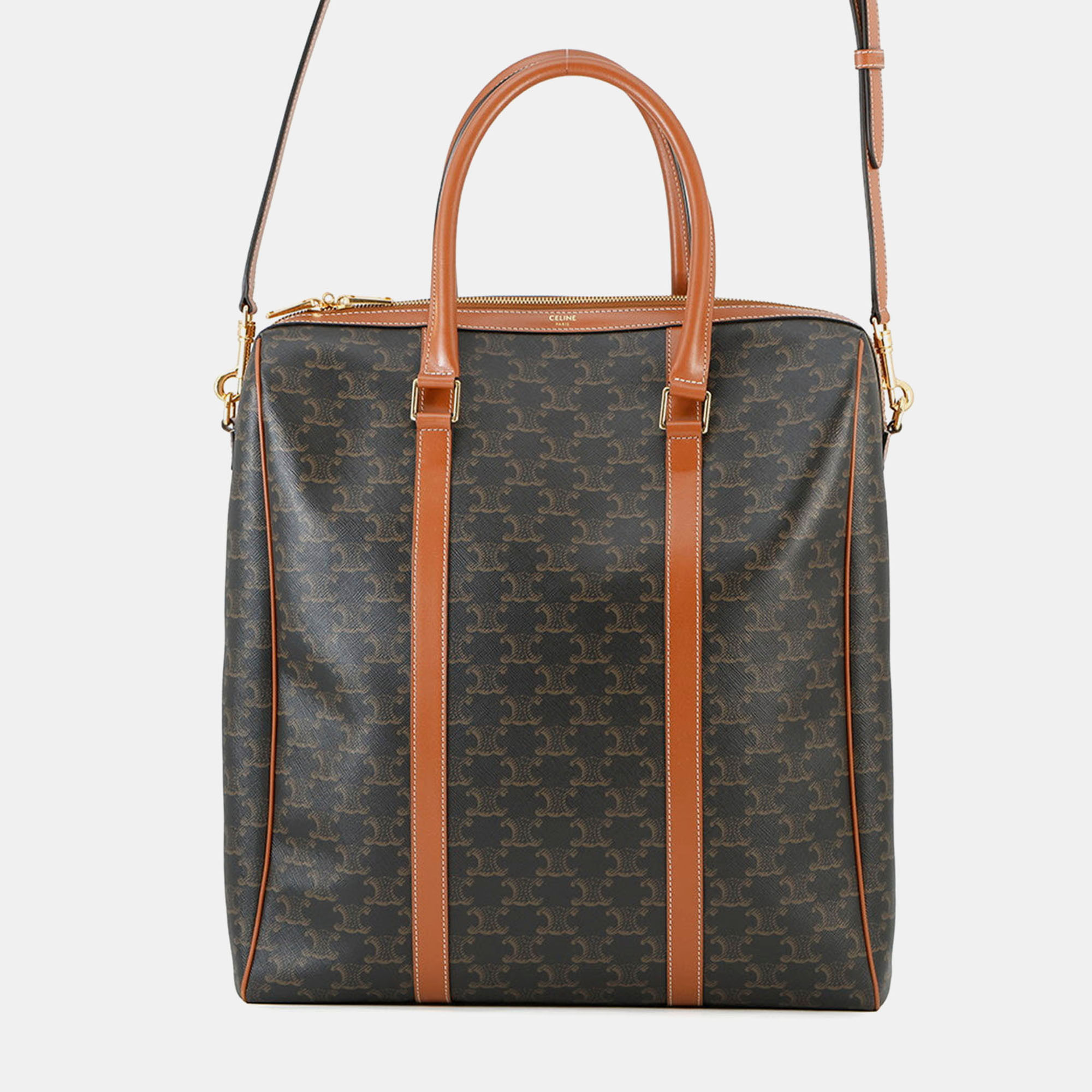 Pre-owned Celine Triomphe Vertical Travel Bag Black/tan Pvc Leather