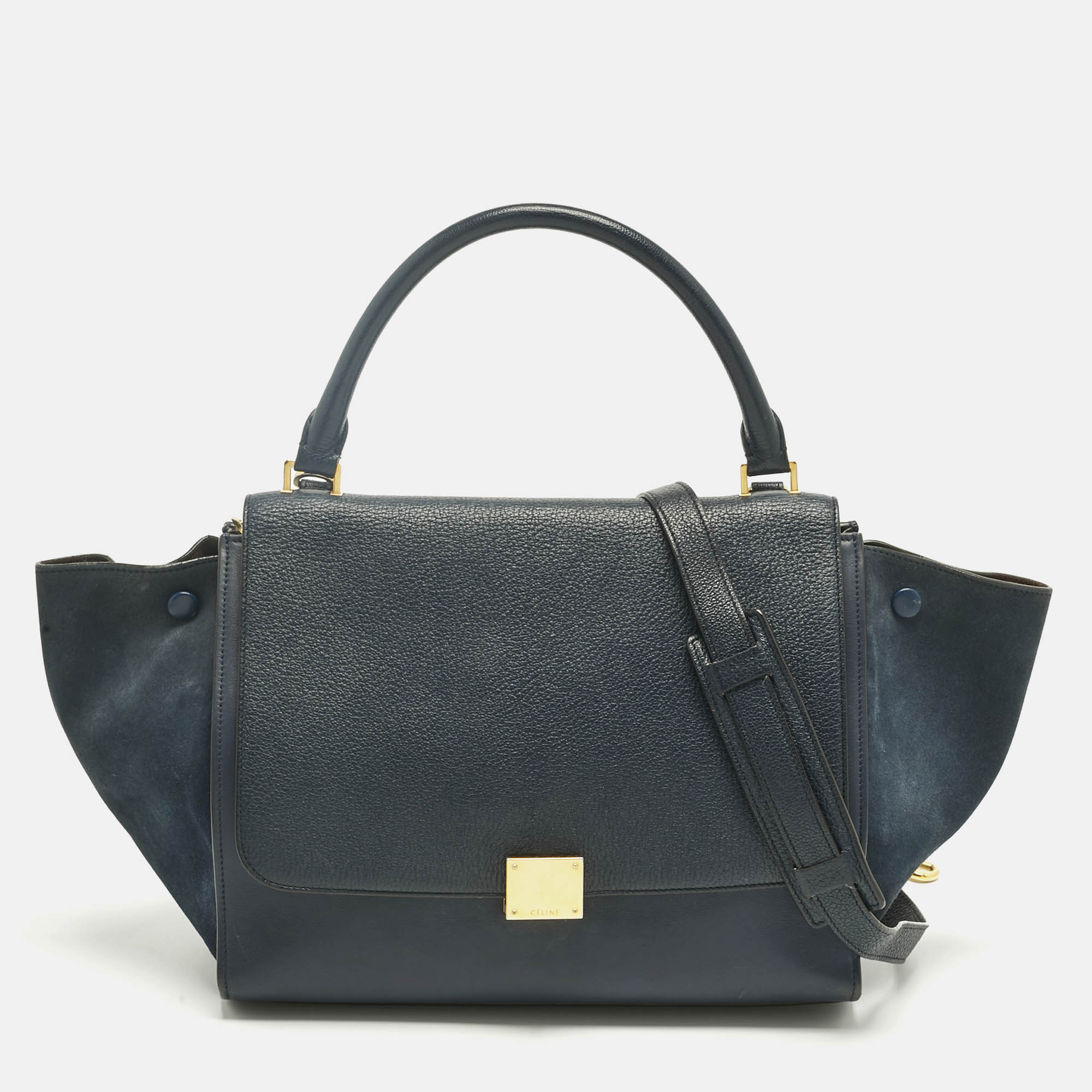 CELINE Pre-owned Navy Blue Leather And Suede Medium Trapeze Top Handle Bag