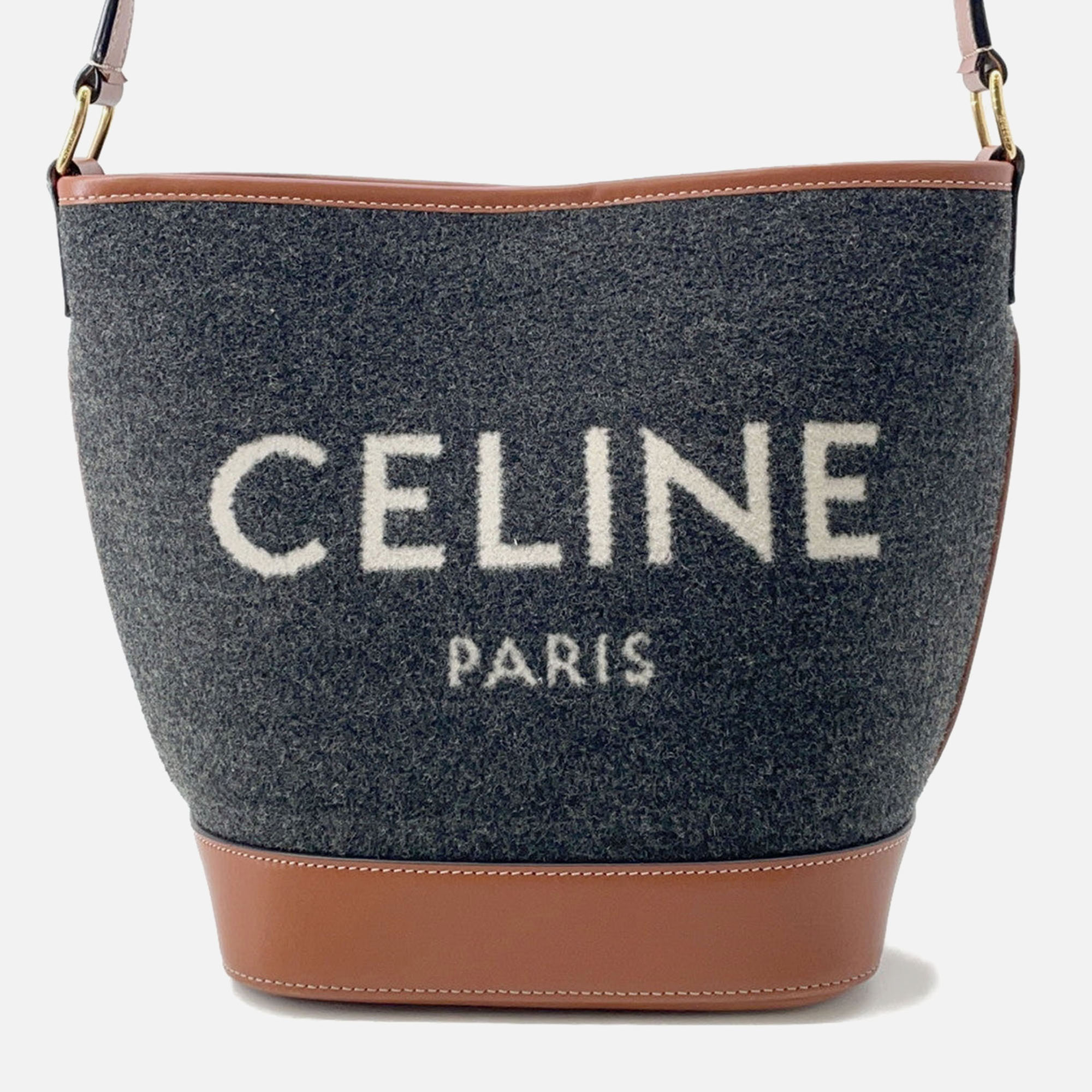 CELINE Pre-owned Logo Bucket Shoulder Bag Dark Gray/brown Felt Leather Size Small