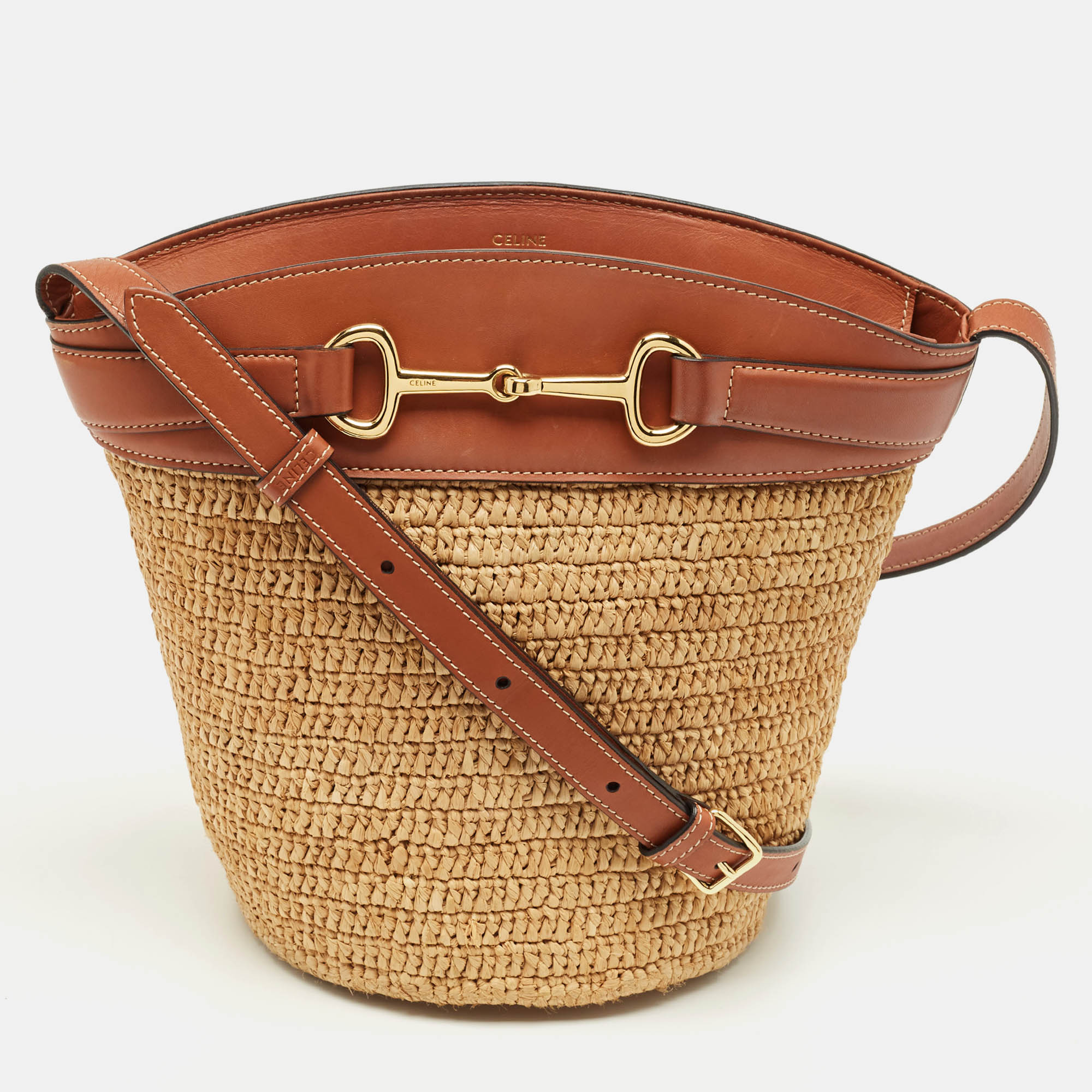 

Celine Brown/Cream Raffia and Leather Crecy Bucket Bag