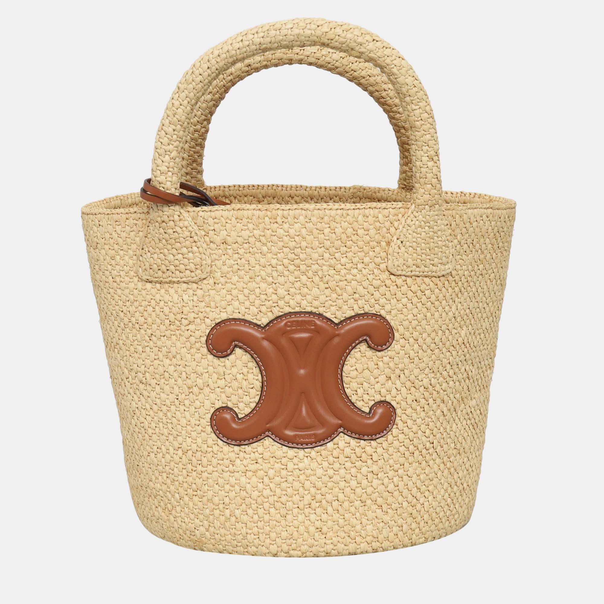 Pre-owned Celine Triomphe Raffia Panier Bucket Bag In Sand
