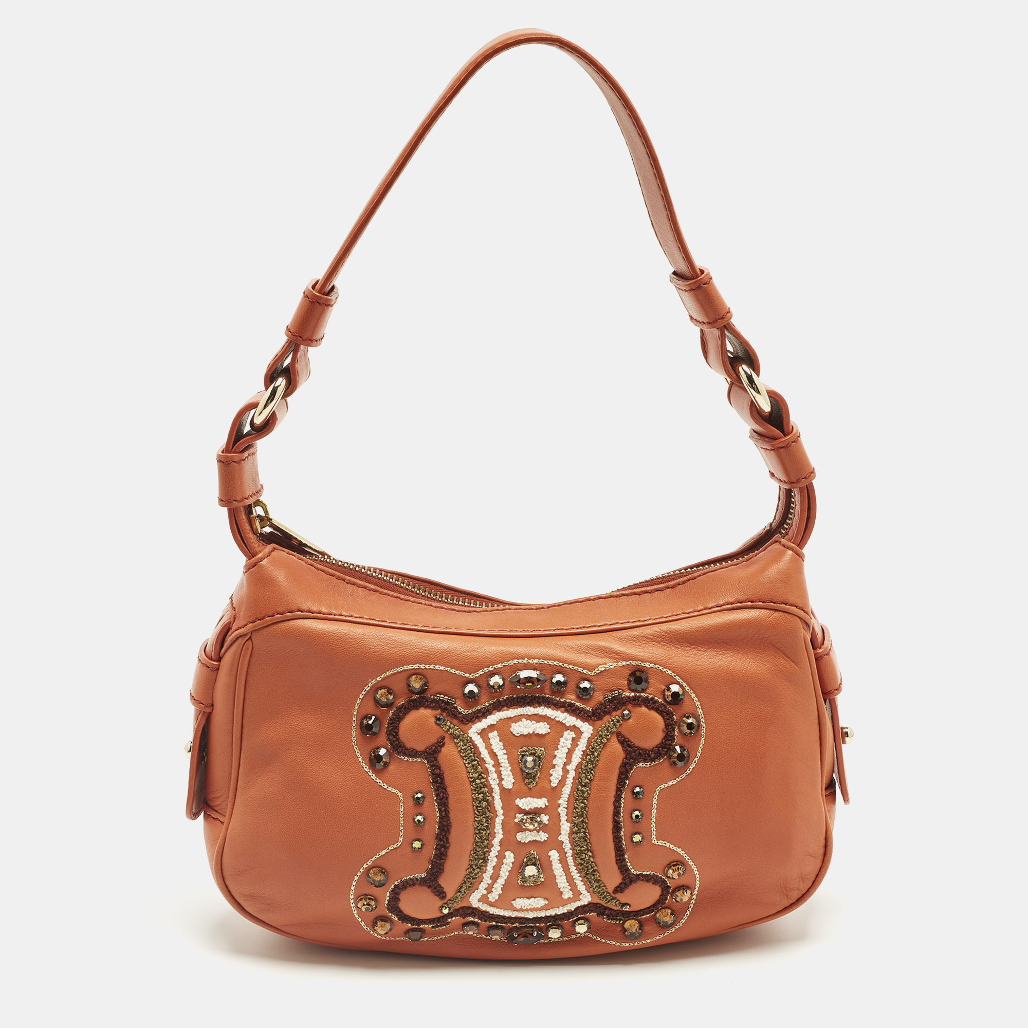 CELINE Pre-owned Triomphe Crystals Orange Leather Shoulder Bag