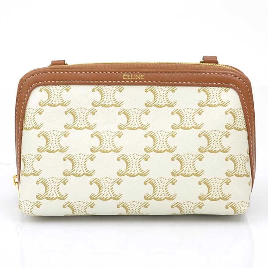 Pre-owned Celine Shoulder Bag Pouch Triomphe Leather Off-white Brown Gold