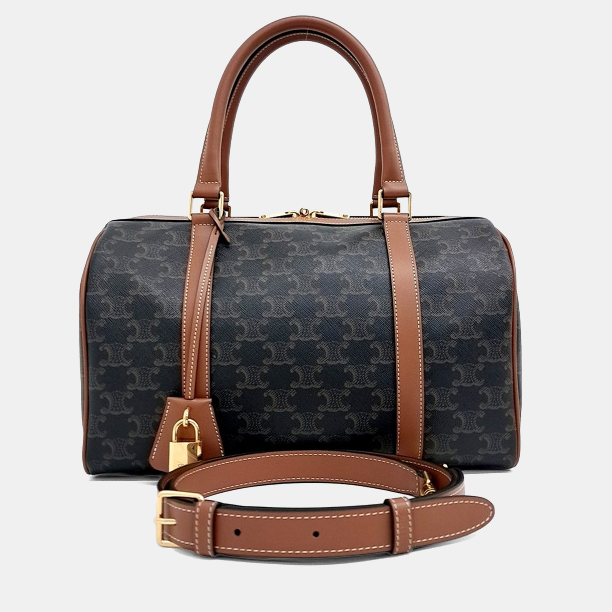 Celine Brown Coated Canvas and Leather Triumph Boston Bag