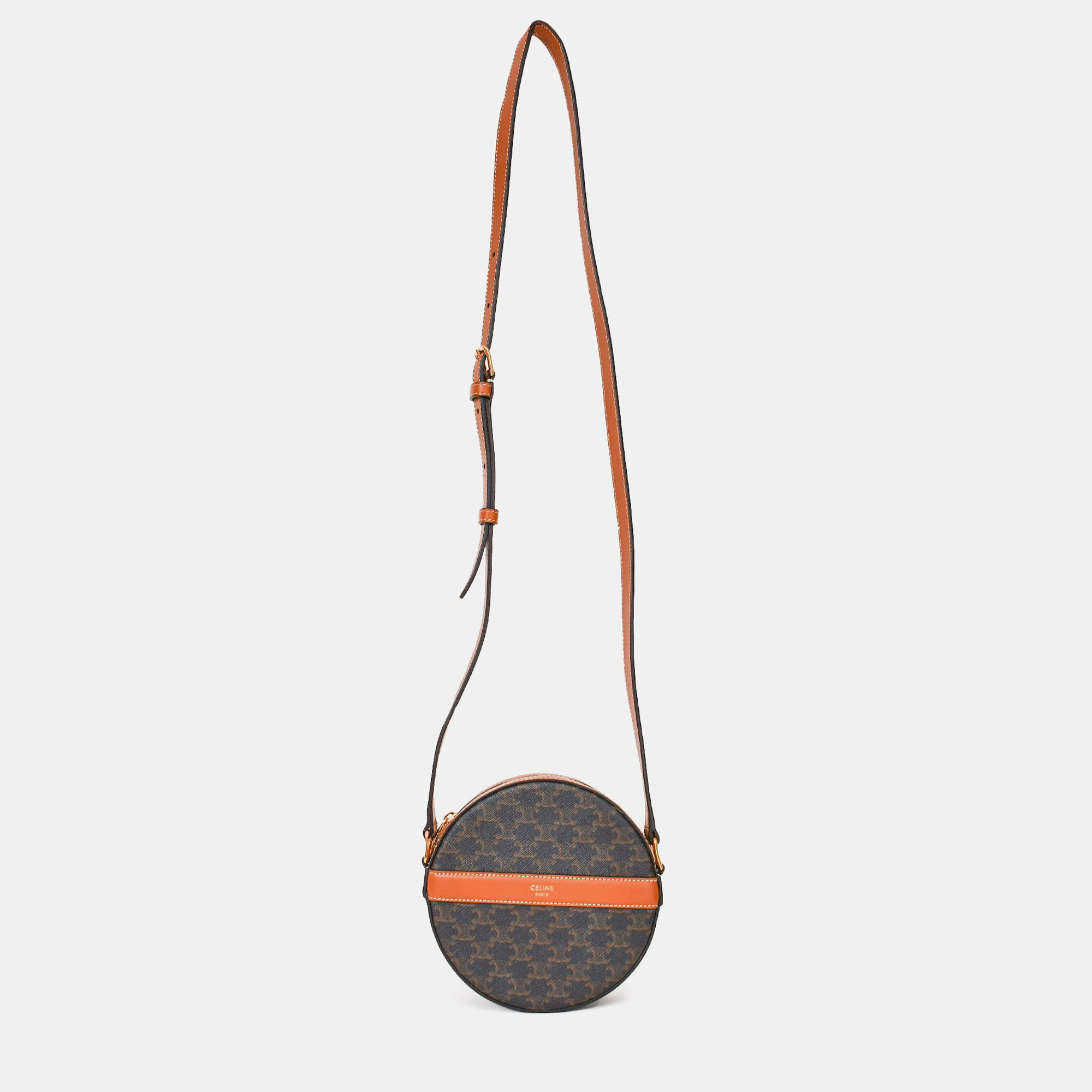

Celine 2022 Brown Leather/Canvas Triomphe Round Crossbody Bag