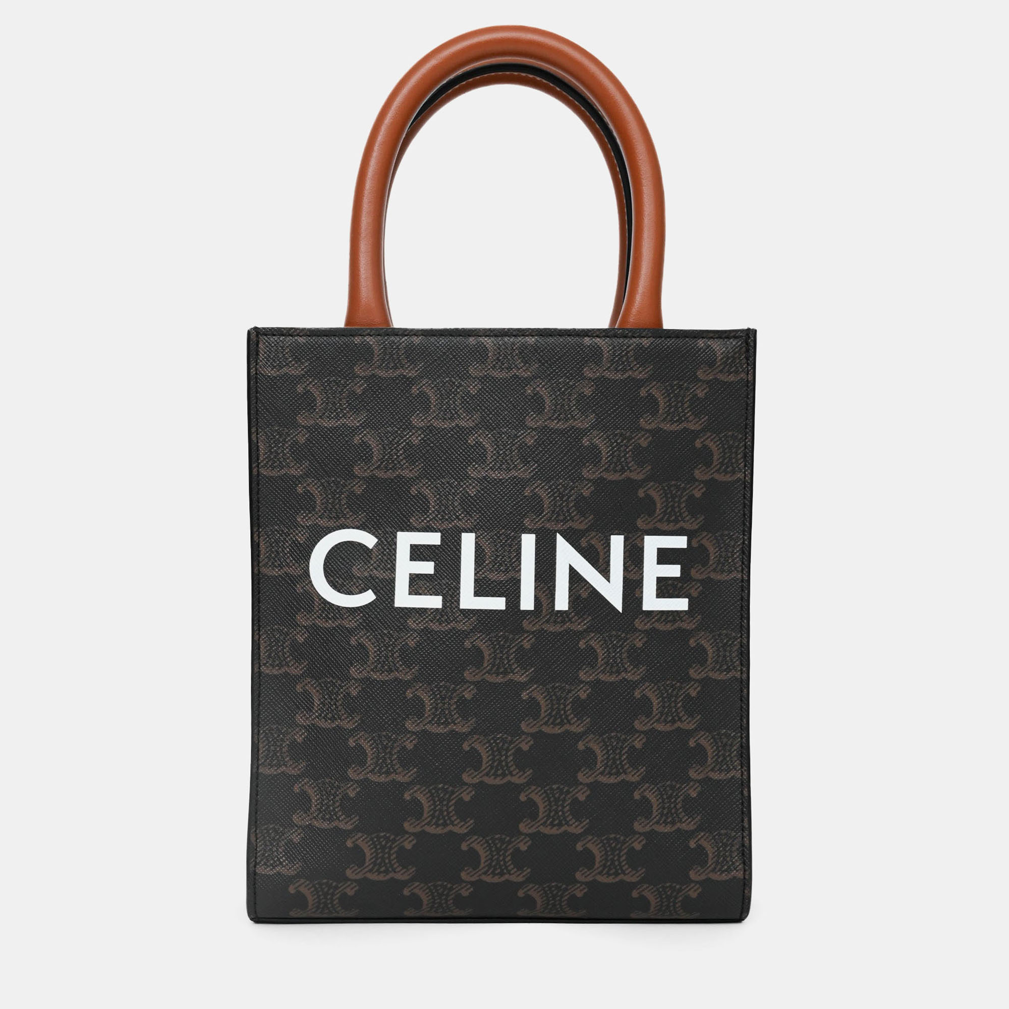 

Celine 2021 Brown Canvas/Leather Mini Triomphe Vertical Cabas Tote with Strap