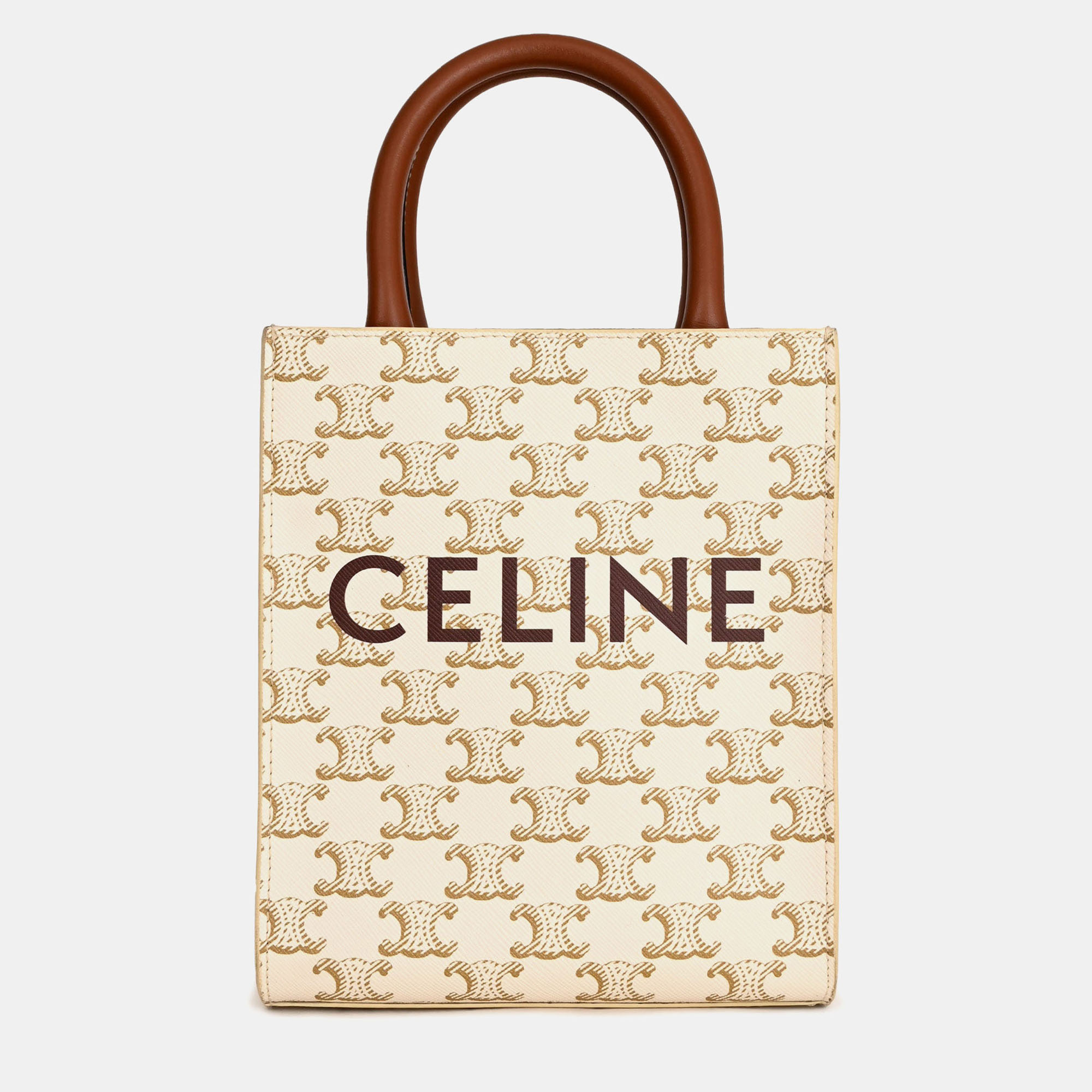 

Celine White/Brown Leather/Canvas Mini Triomphe Cabas Vertical Tote with Strap