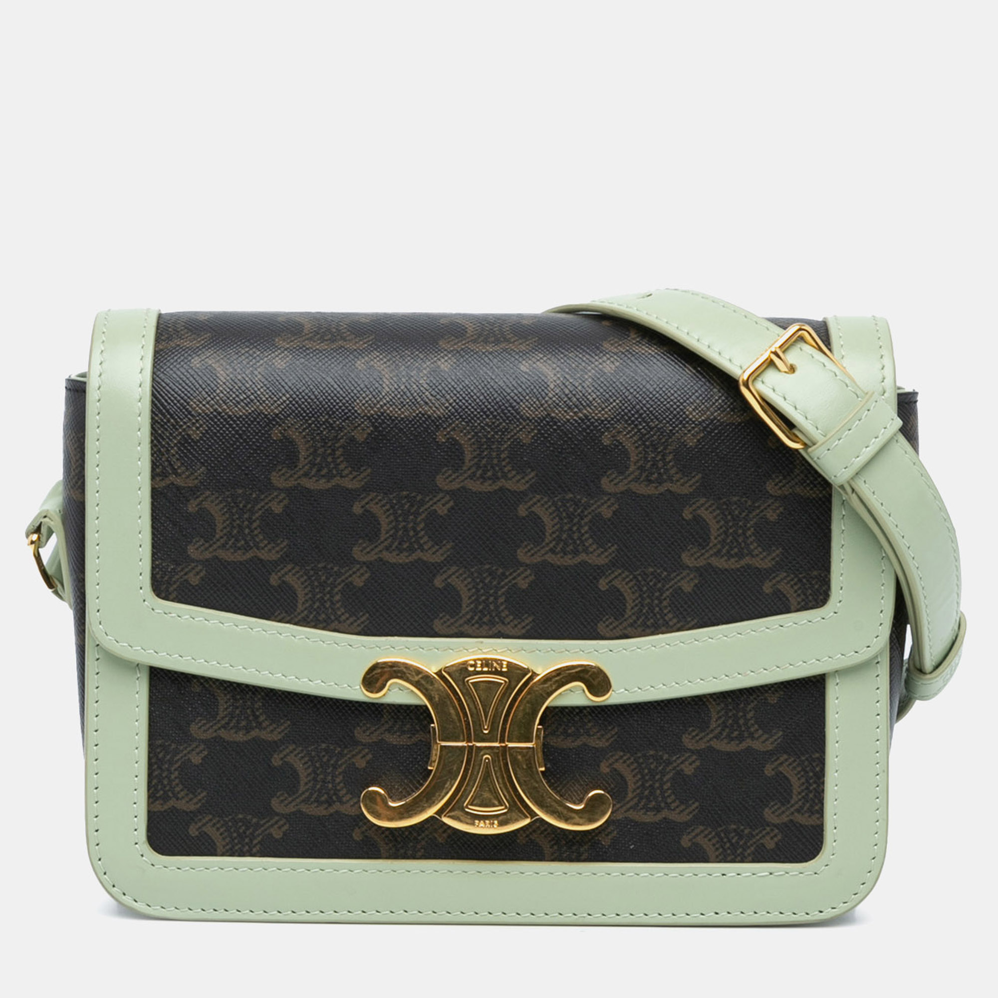 

Celine Brown Green Teen Triomphe Coated Canvas and Calfskin Triomphe Crossbody