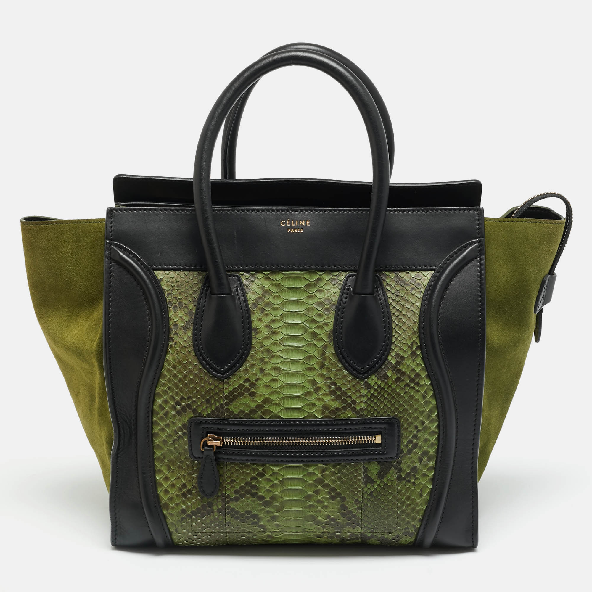 

Celine Luggage Mini Black/Green Leather and Python Tote