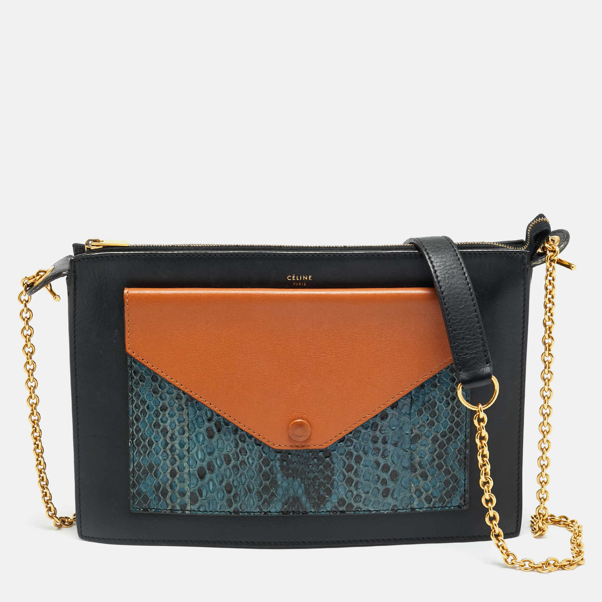 

Celine Pocket Envelope Tricolor Leather and Python Chain Pouch, Multicolor