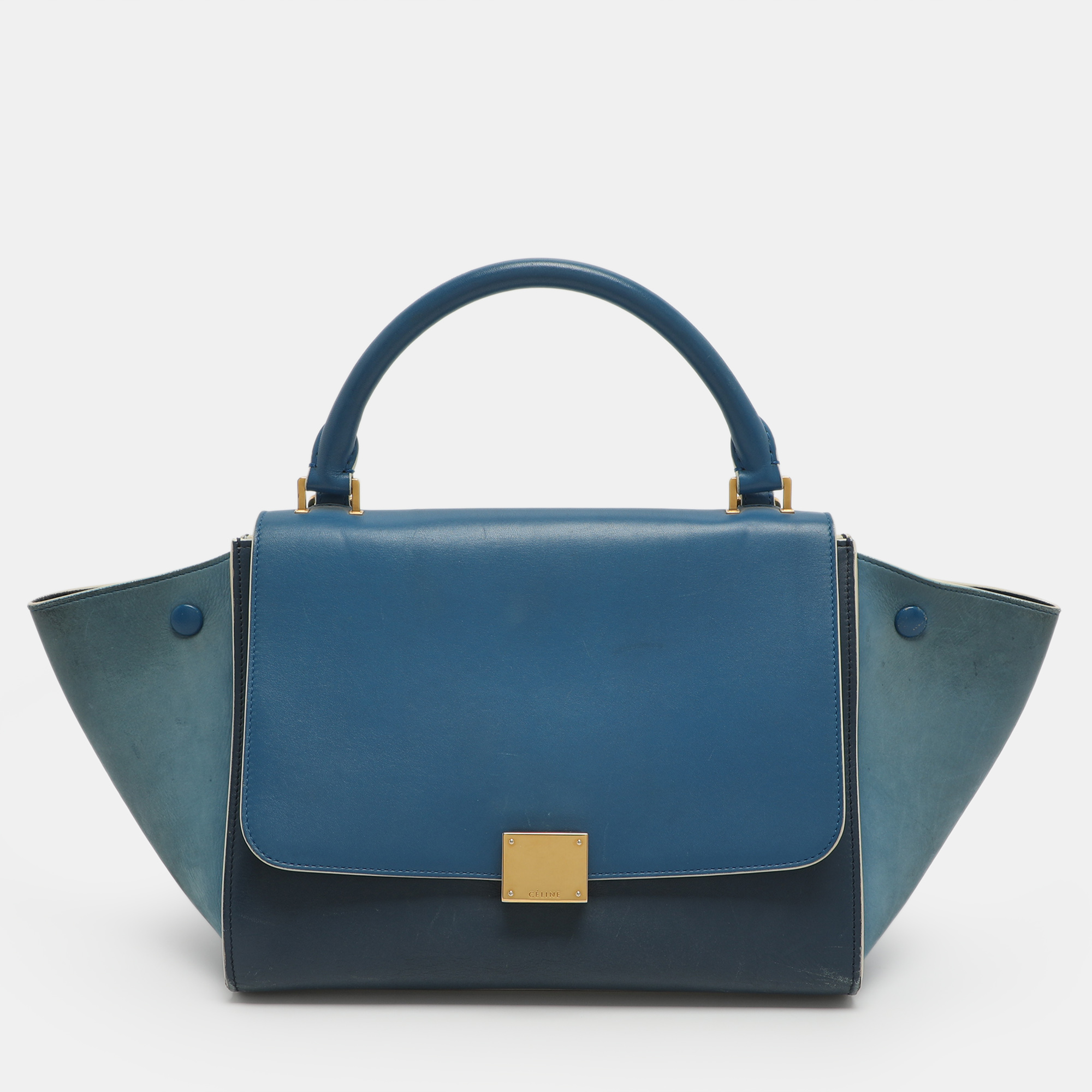

Celine Trapeze Small Tricolor Leather Top Handle Bag, Blue