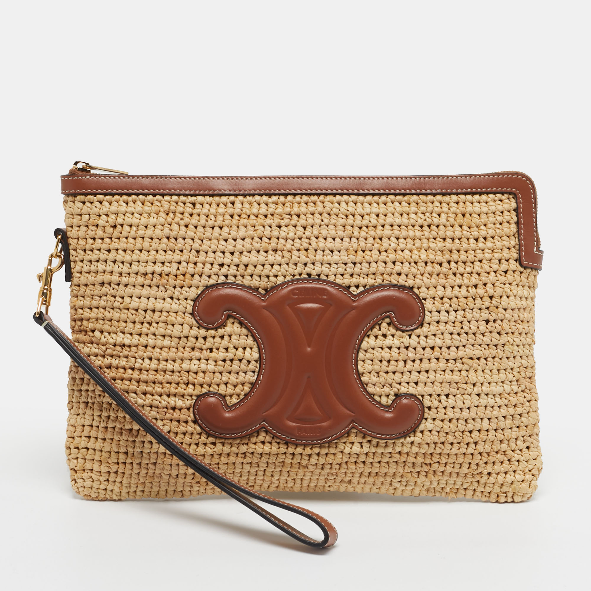 

Celine Triomphe Zip Brown/Natural Raffia and Leather Pouch