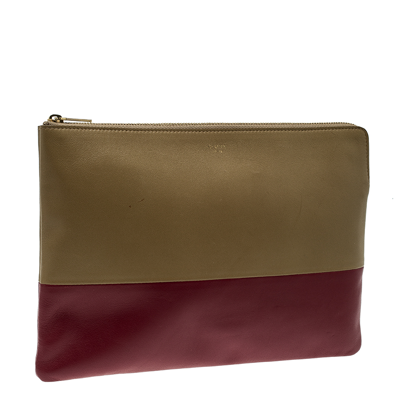 Celine Dark Beige/Red Leather Solo Clutch Pouch Celine