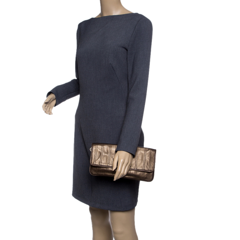 

Celine Bronze Striped Leather Clutch, Metallic