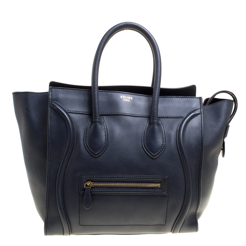 Pre Owned Celine Navy Blue Leather Mini Luggage Tote