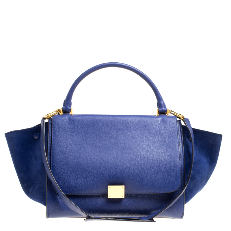 Pre Owned Celine Blue Leather and Suede Medium Trapeze Tote