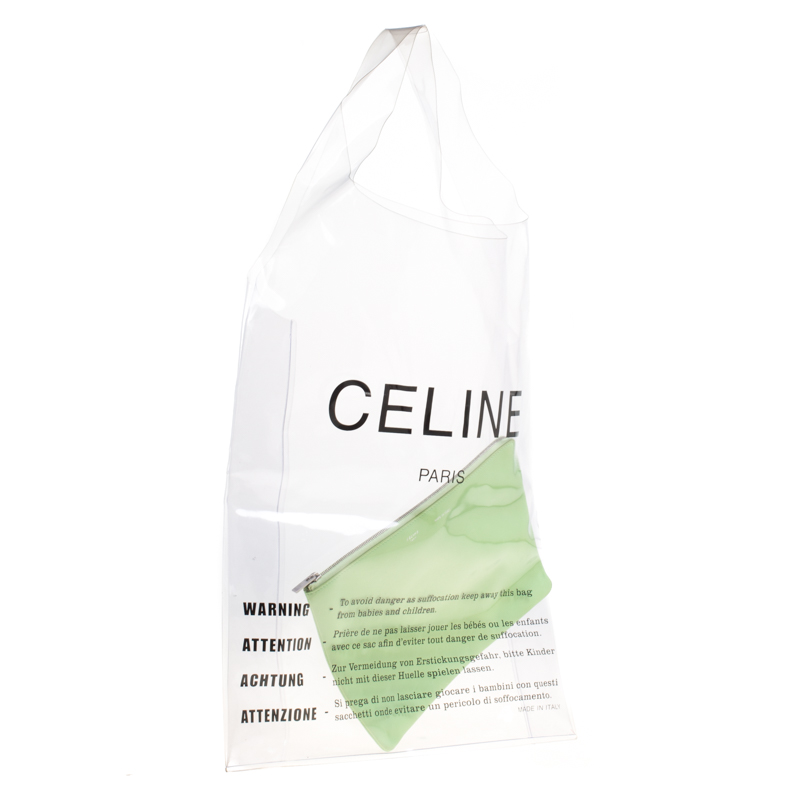 CELINE Plastic Bag with Cloudy Lambskin Solo Zip Pouch Clutch Lime