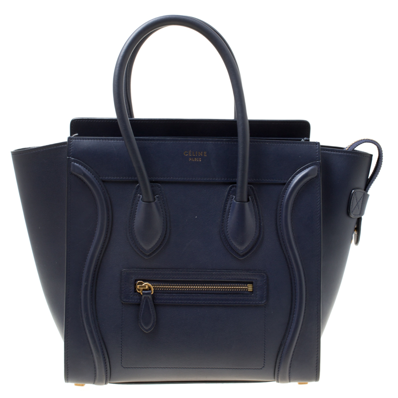 Pre Owned Celine Navy Blue Leather Micro Luggage Tote