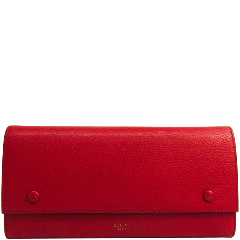 Celine Red Drummed Leather Large Multifunction Flap Wallet 