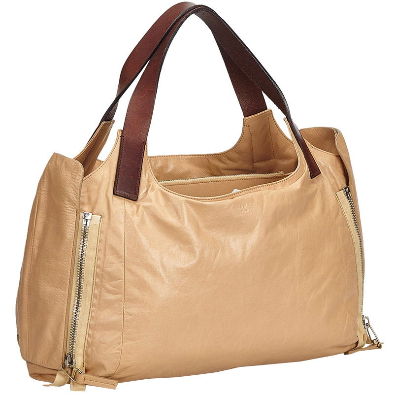 

Celine Beige/Brown Leather Vertical Gusset Zip Cabas Tote