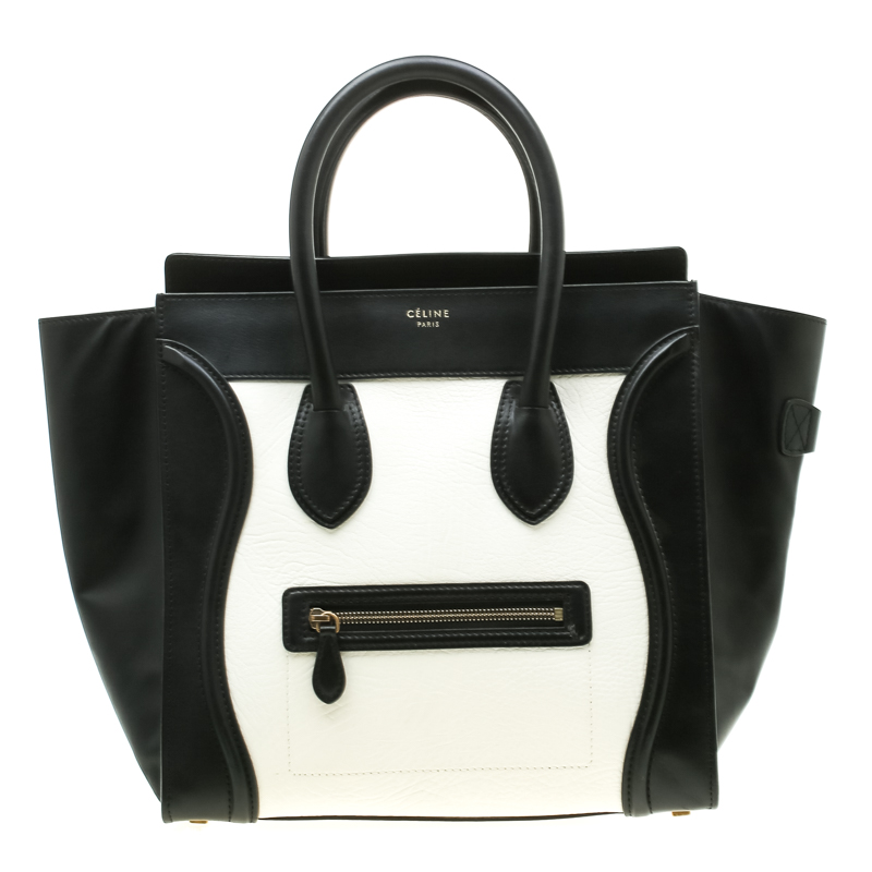 Pre Owned Celine Black/White Leather Mini Luggage Tote
