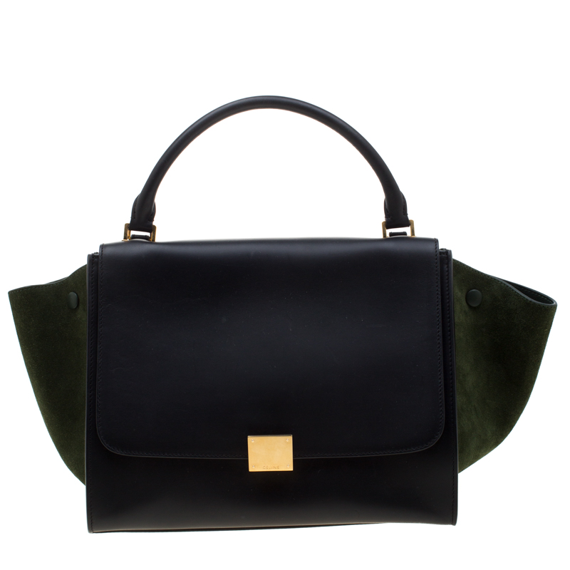 Pre Owned Celine Black/Green Leather and Suede Medium Trapeze Tote