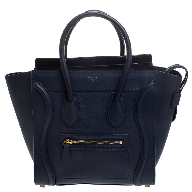 Pre Owned Celine Navy Blue Leather Micro Luggage Tote