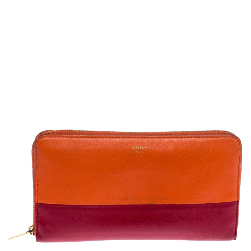 Pre-owned Celine Orange/red Leather Zip Around Wallet