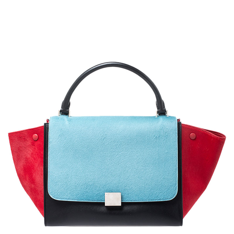 Pre Owned Celine Tricolor Leather and Calfhair Medium Trapeze Bag