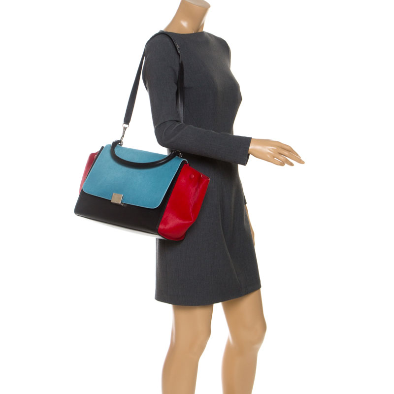 

Celine Tricolor Leather and Calfhair  Trapeze Bag, Multicolor